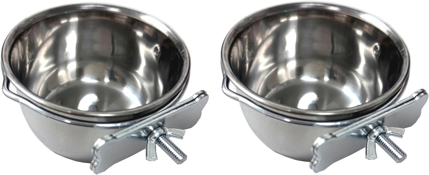 Bird Parrot Cage Stainless Steel Seed Water Feeder, 4-Inch Wide 2-Inch Deep