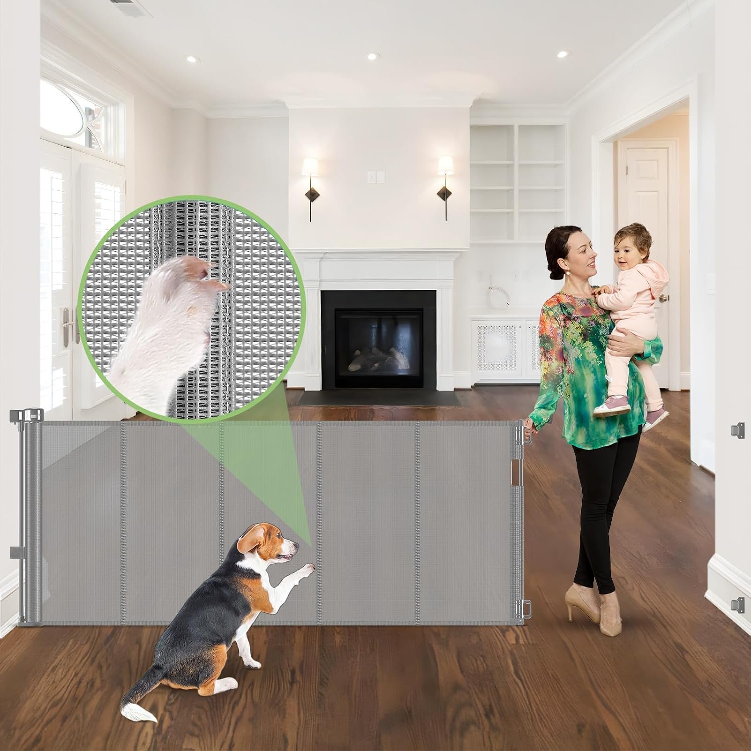 96 Inch Wide Reinforced Retractable Dog Gate, Prevents Crawling Under, Gray