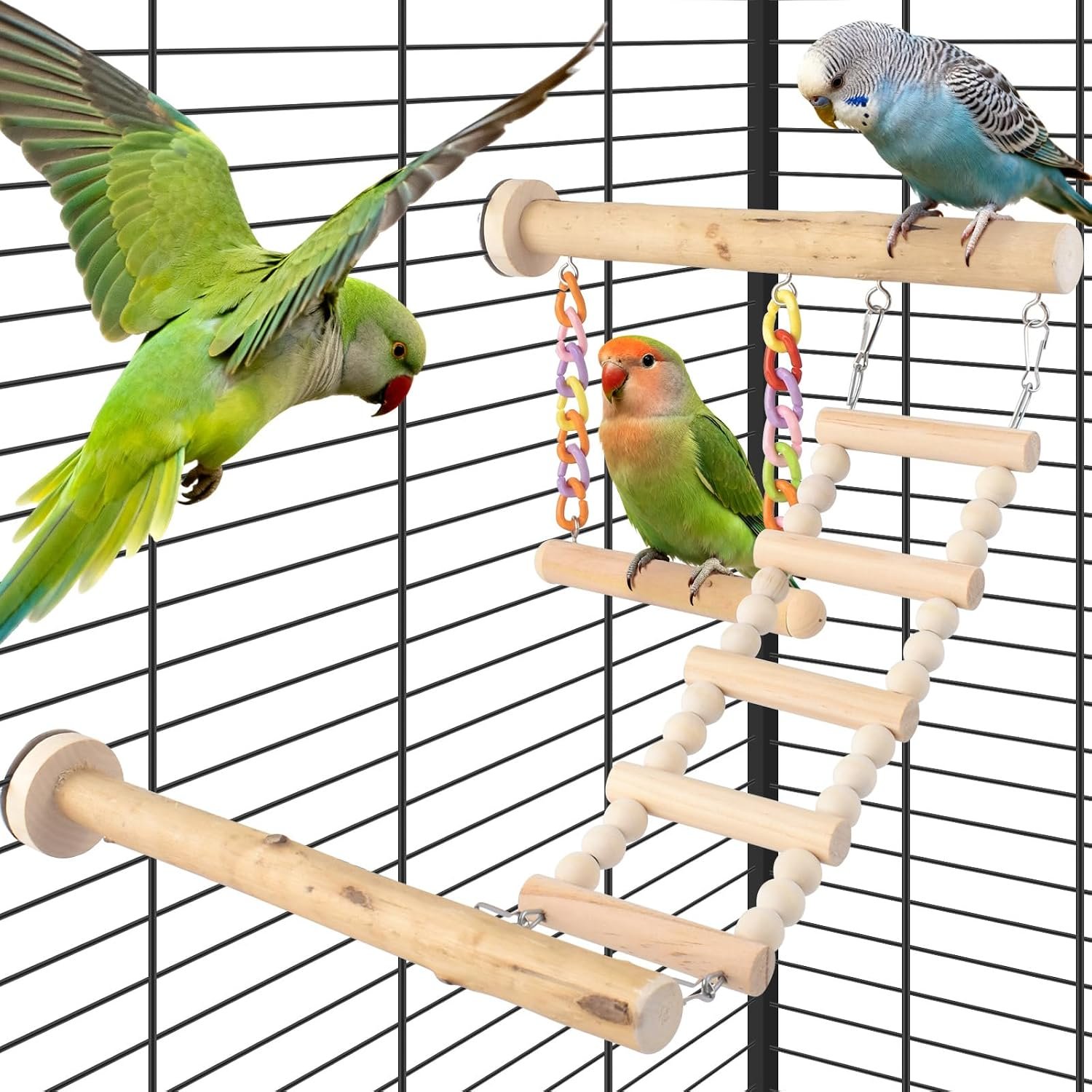 DBNESS Bird Perches Ladder with Swing, Natural Wood Parrot Climbing Bridge Perch Toys, Exercise Play Stand Parakeet Cage Accessories for Budgie Cockatiel Green-Cheeked Conure Caique