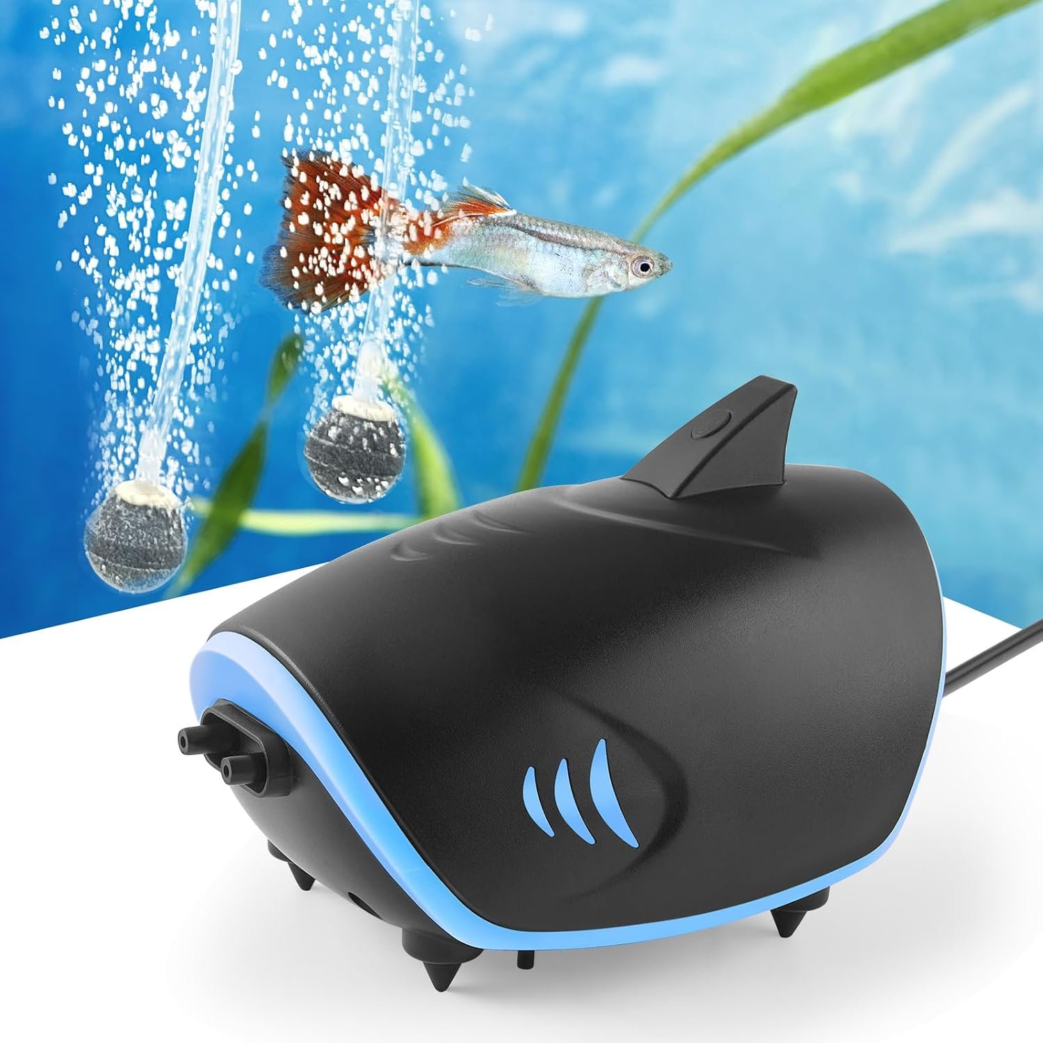 HITOP 3W Quiet Aquarium Air Pump: 80GPH Adjustable Fish Tank Air Pump with Dual Output, Powerful Shark-Shaped Aquarium Aerator, Aquarium Oxygen Pump for up to 100Gallon Tank
