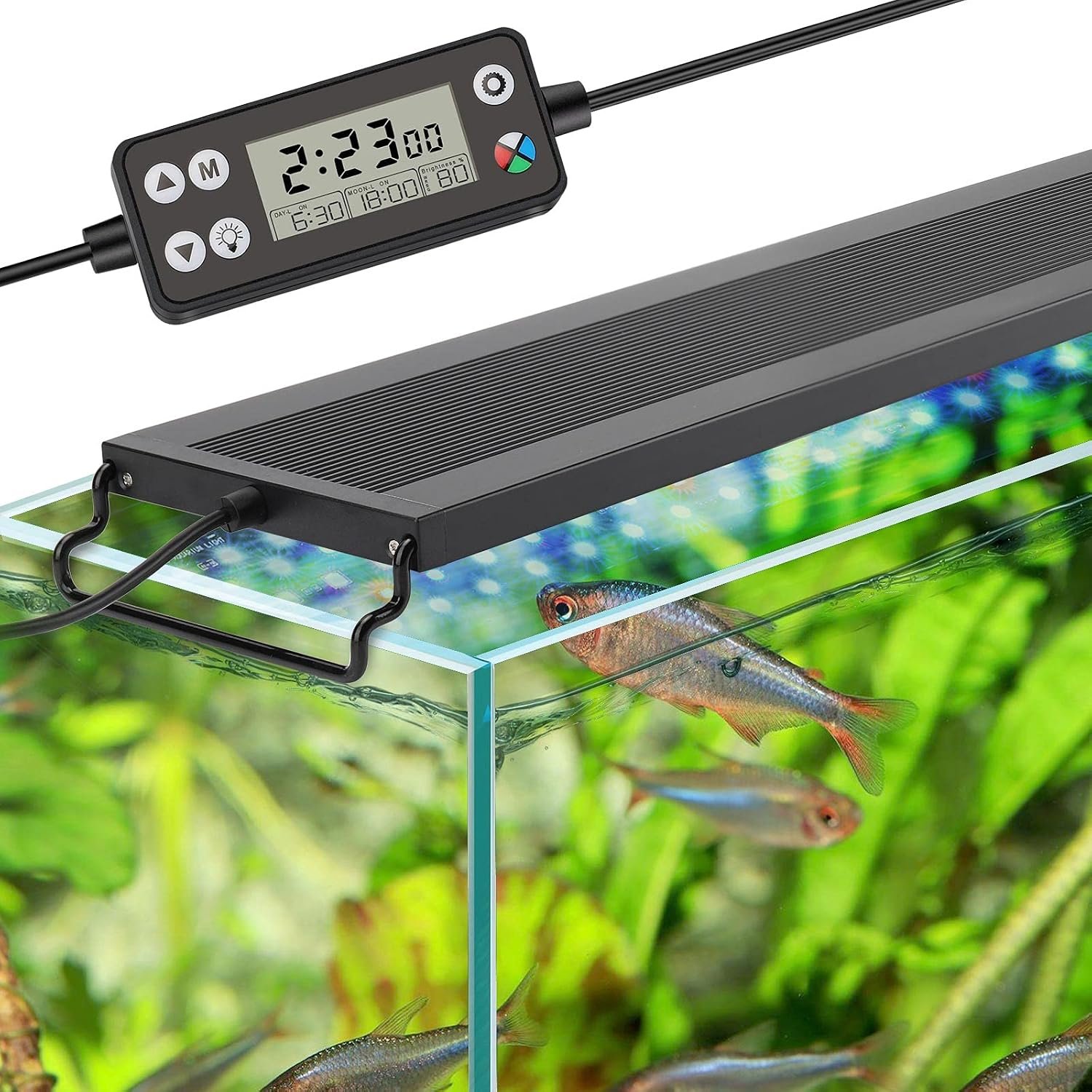 hygger Auto On Off LED Aquarium Light, Full Spectrum Fish Tank Light with LCD Monitor, 24/7 Lighting Cycle, 7 Colors, Adjustable Timer, IP68 Waterproof, 3 Modes for 12″-18″ Freshwater Planted Tank