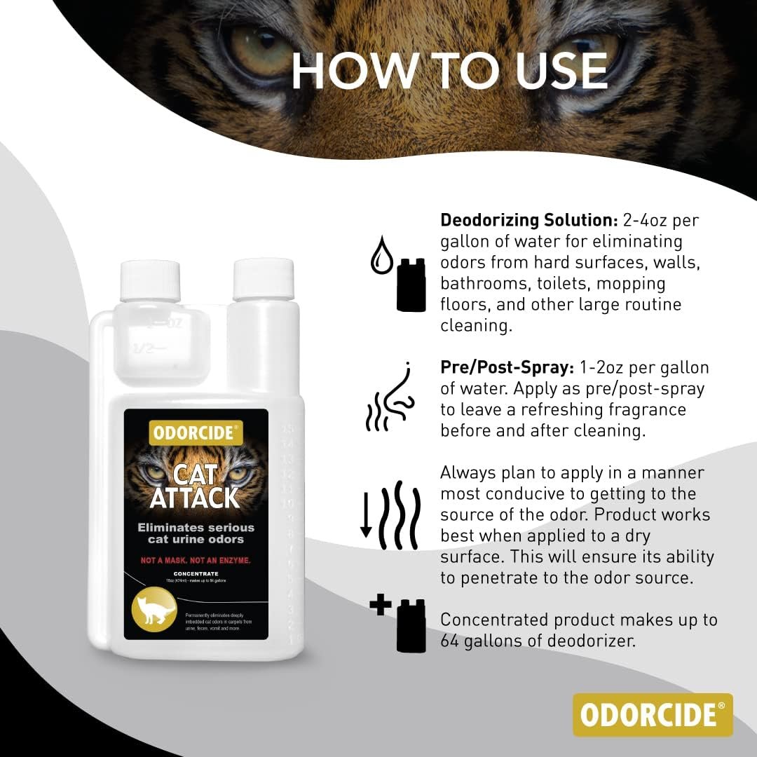 Odorcide Cat Attack Concentrate Odor Eliminator – Cat Urine Remover for Carpet & Upholstery – Litter Box Odor Eliminator – 16 oz