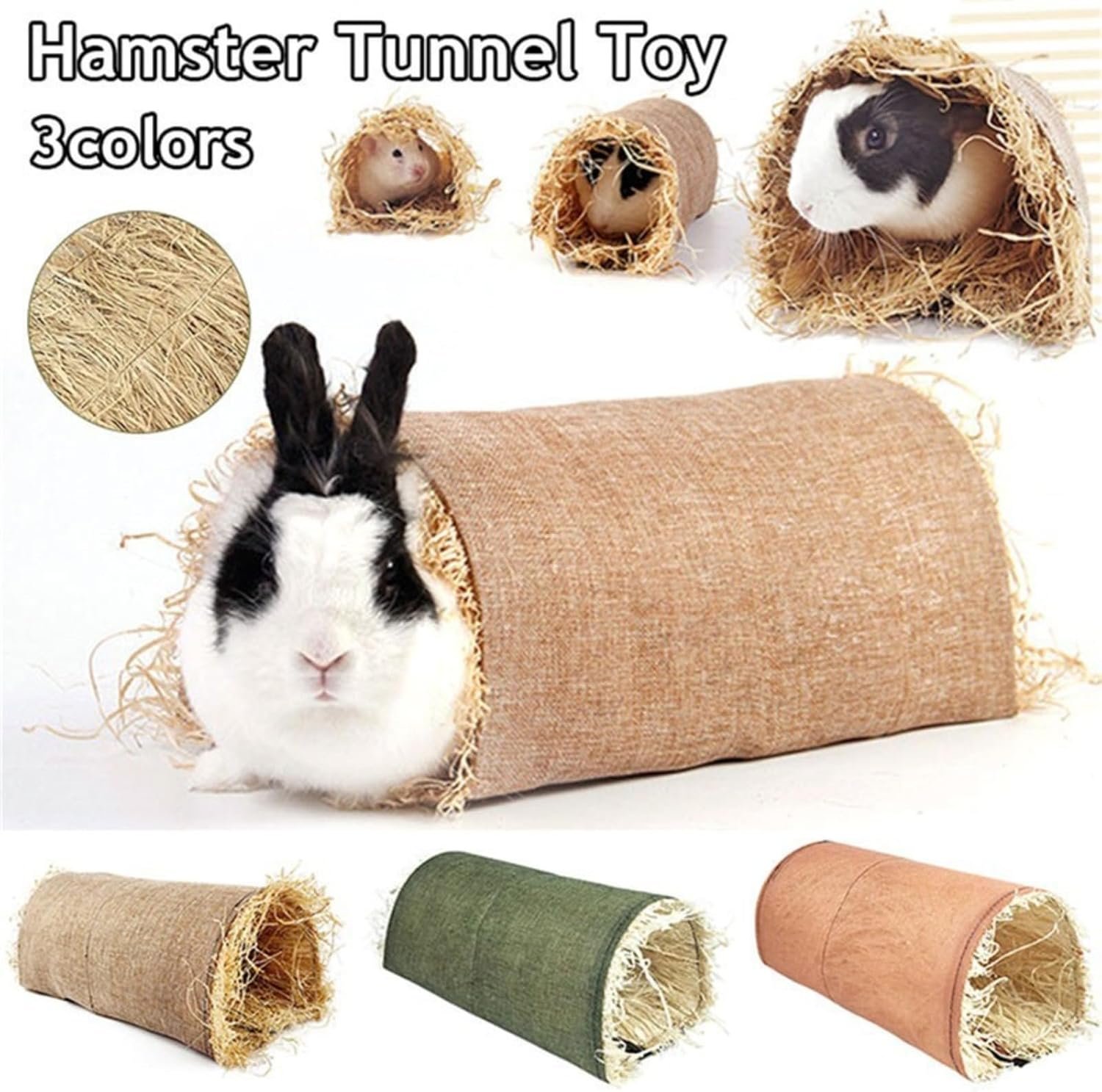 [2 Pack] Natural Woven Grass Hamster Tunnel Hideaway – Edible Small Pet Enclosed Passage – Chewable Grass Hideout for Guinea Pigs, Chinchillas, Rats, and Rabbits – Enrichment Set