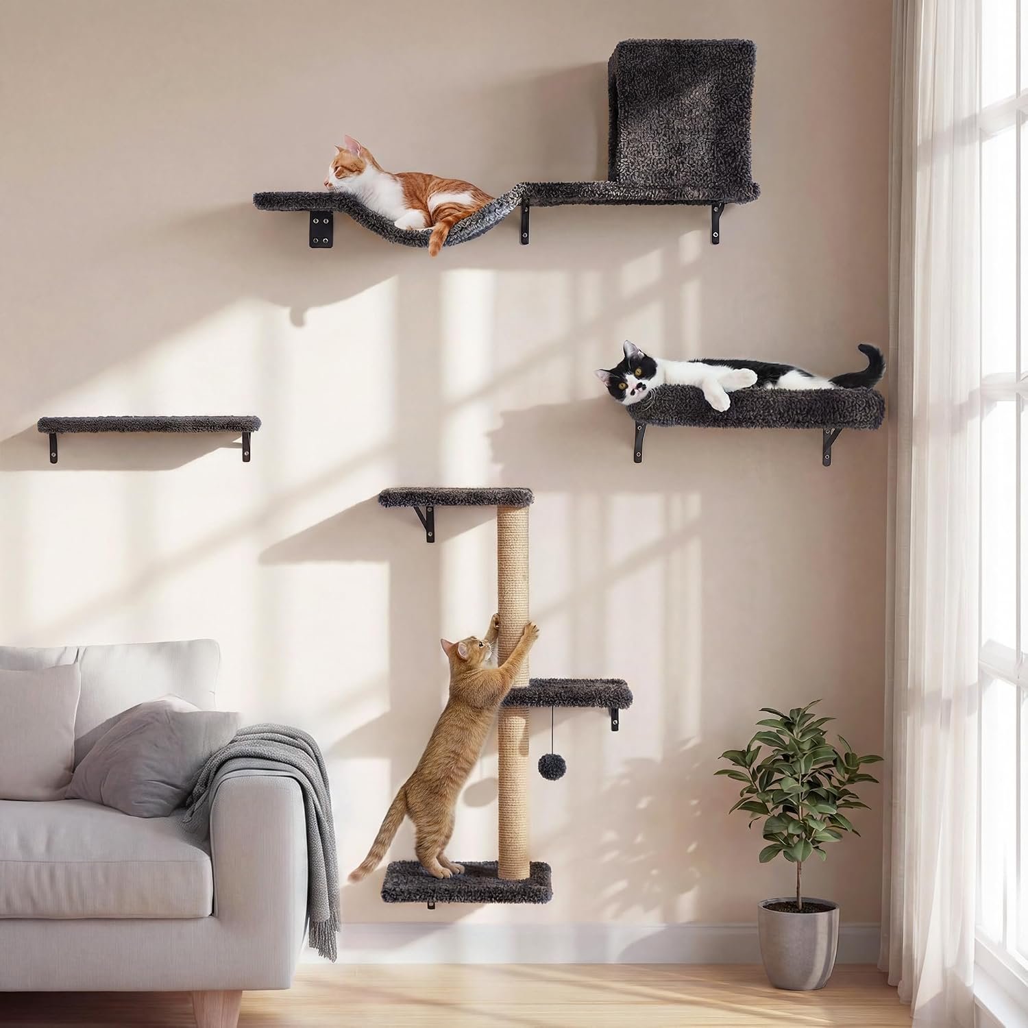 FUKUMARU Cat Wall Shelves, 4 in 1 Set, Grey