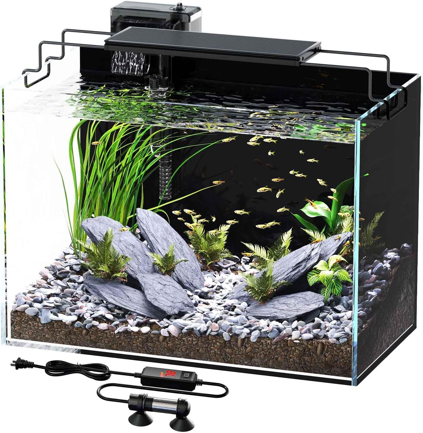 5 Gallon Fish Tank Kit with Heater Filter Light Lid Glass Rimless