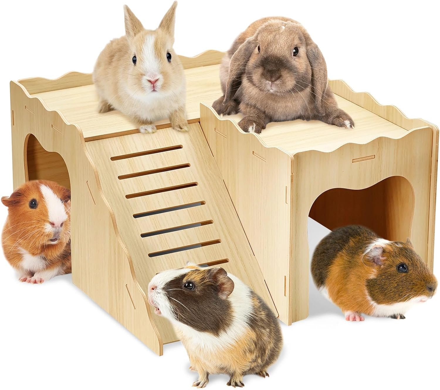 BNOSDM Upgraded Guinea Pig Hideout, Wooden Bunny House 2 Tier with Loft