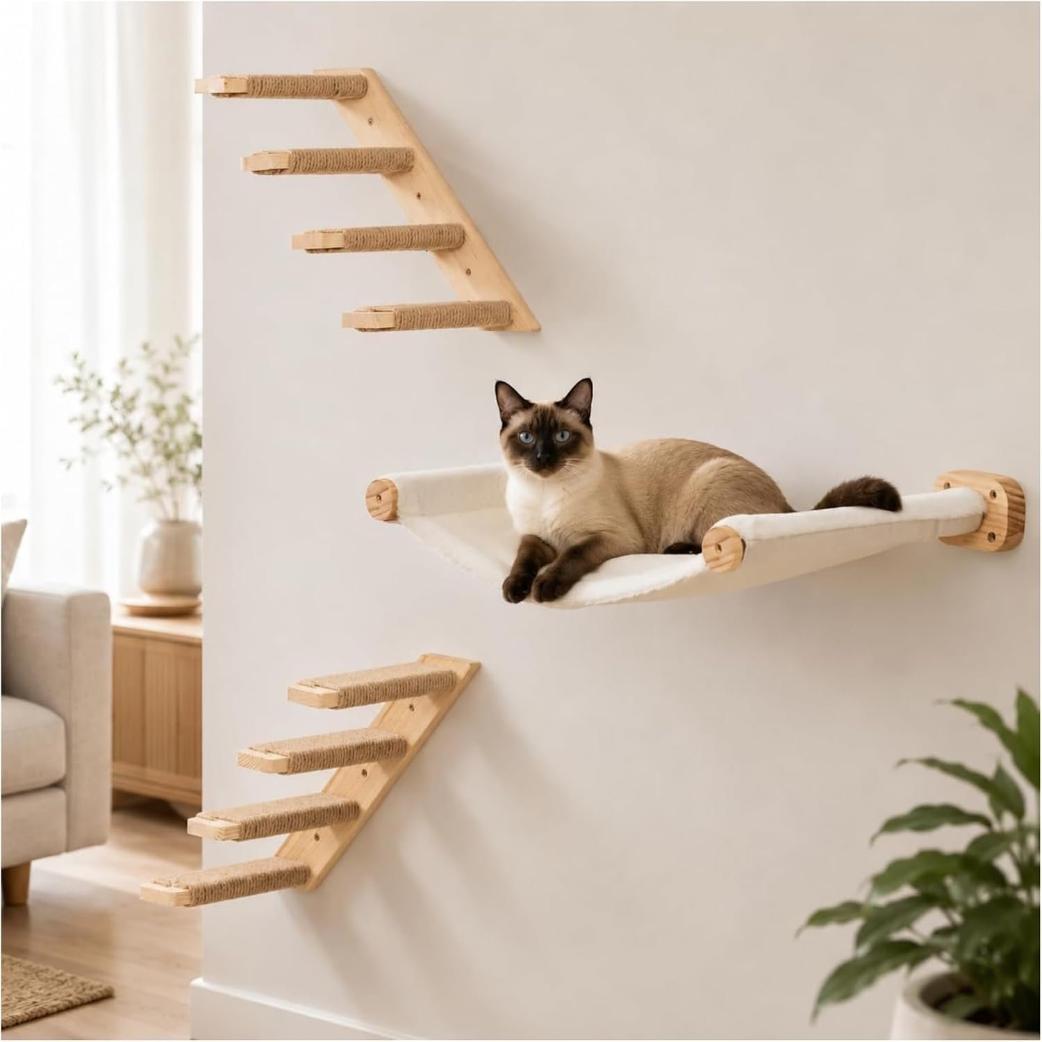 Cat Wall Hammock Set, Cat Wall Shelves with Bed & 2 Four-Step Ladders