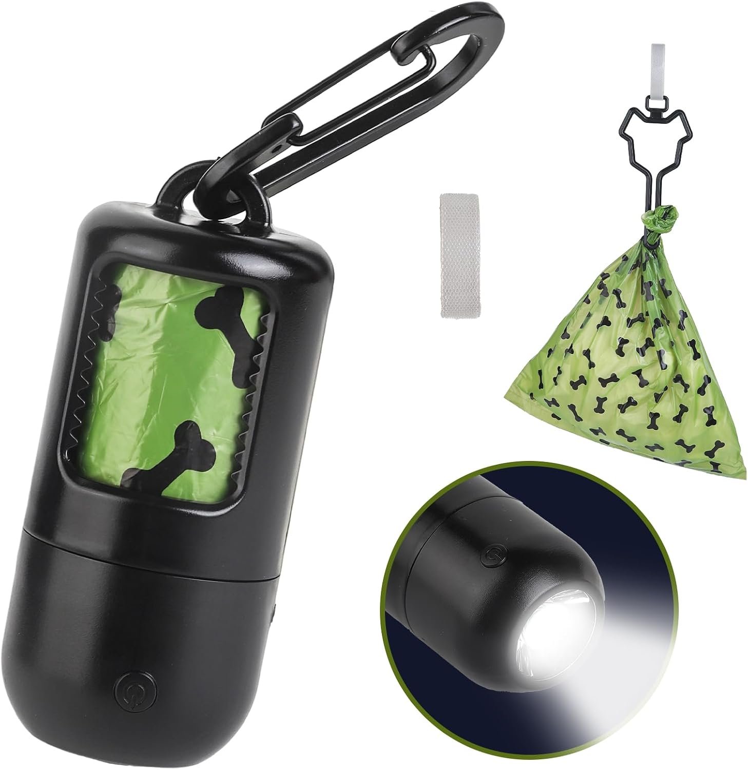 Dog Poop Bag Holder with Flashlight, USB Rechargeable, Doggie Waste Bag Dispenser for Leashes, Includes 1 Roll Extra Thick Bags, Clip & Holder – by PetIsay(Black)