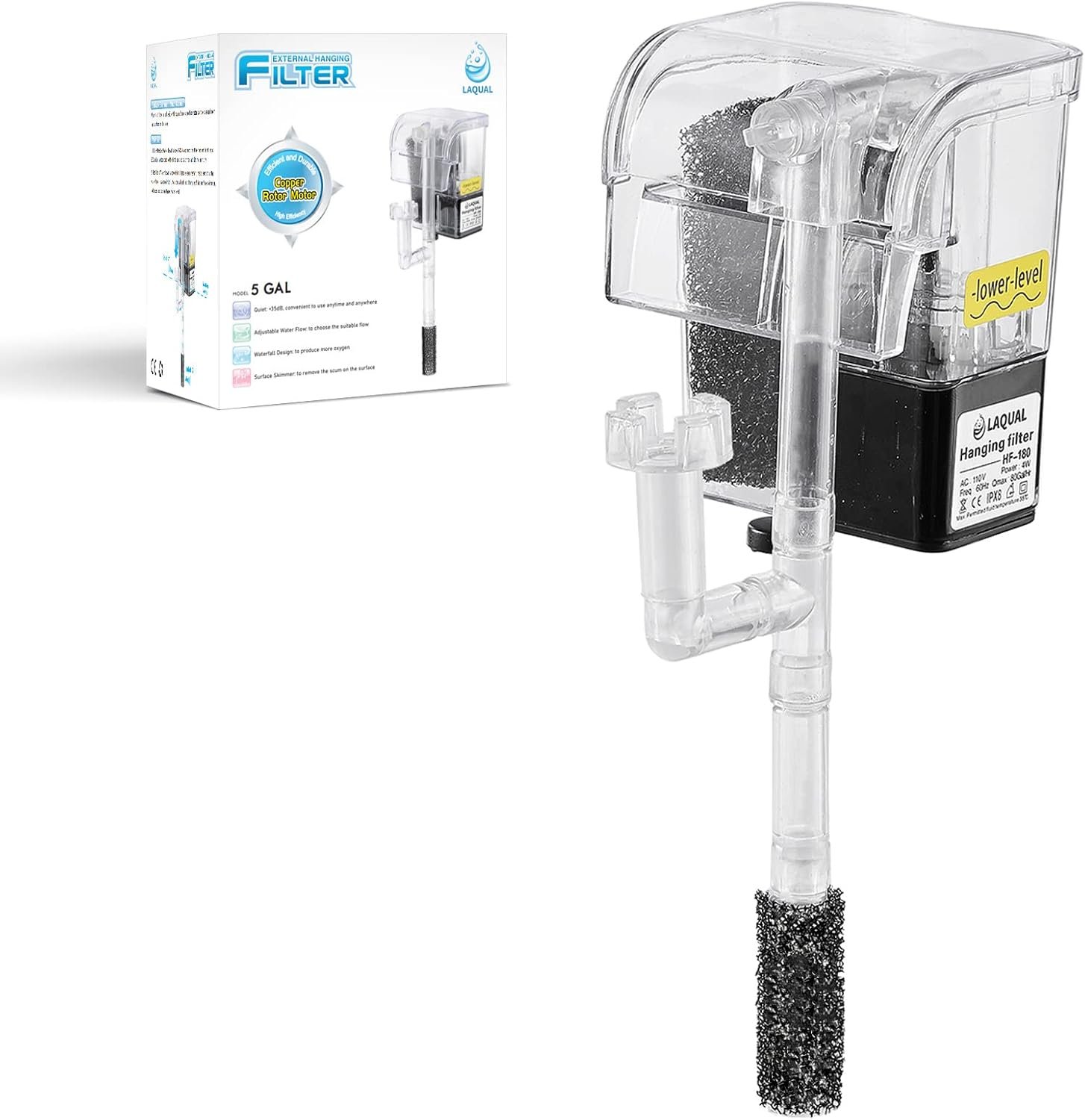 LAQUAL 5 Gallon Aquarium Filter with Surface Skimmer, Small Quiet Fish Tank Filter, Biochemical Cotton Filtration & Adjustable Water Flow, Waterfall Design for Increasing Oxygen, Hang on Back Filter