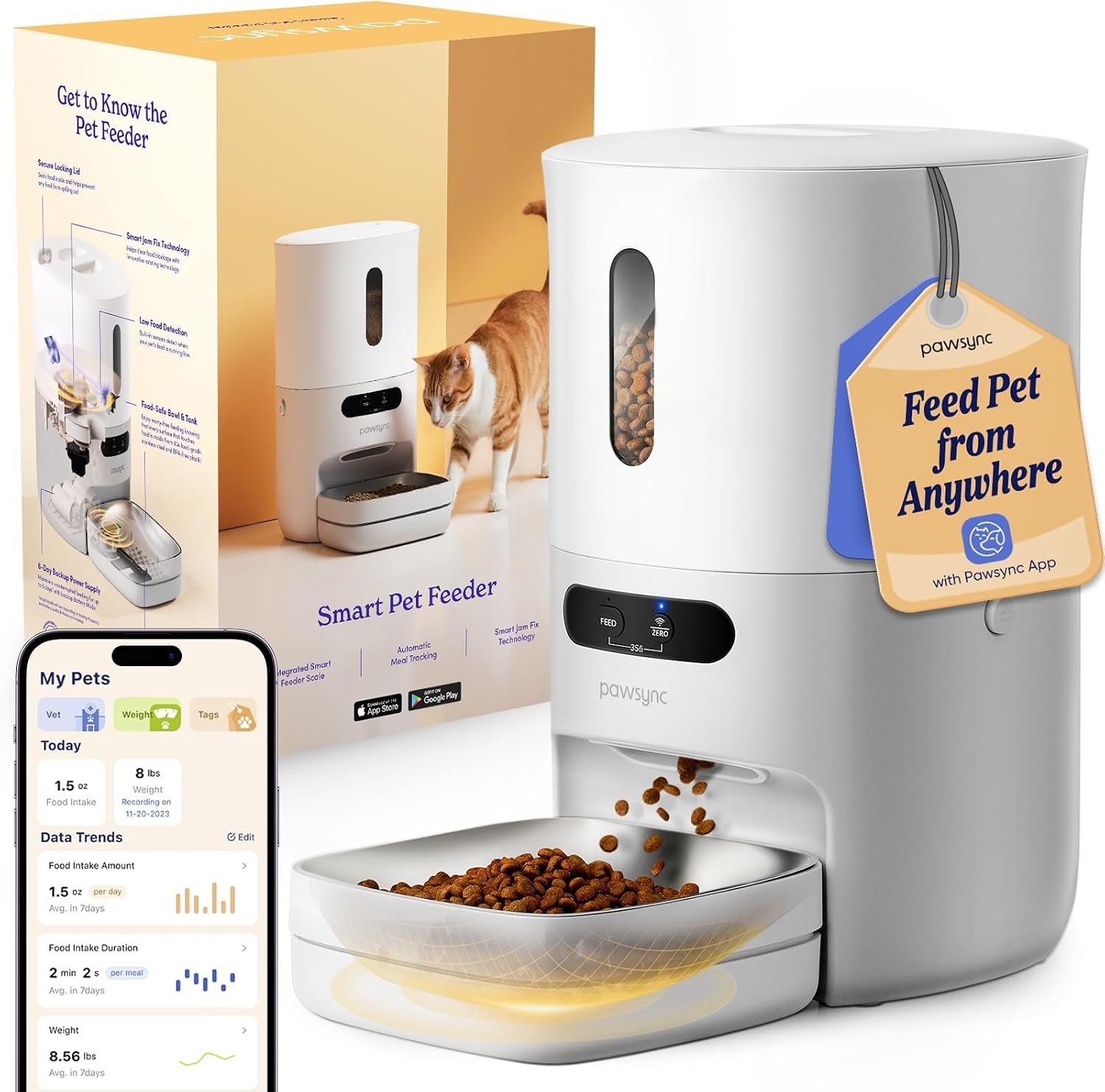 Pawsync Automatic Cat Feeder, WiFi & Smart Scale, Remote Feeding