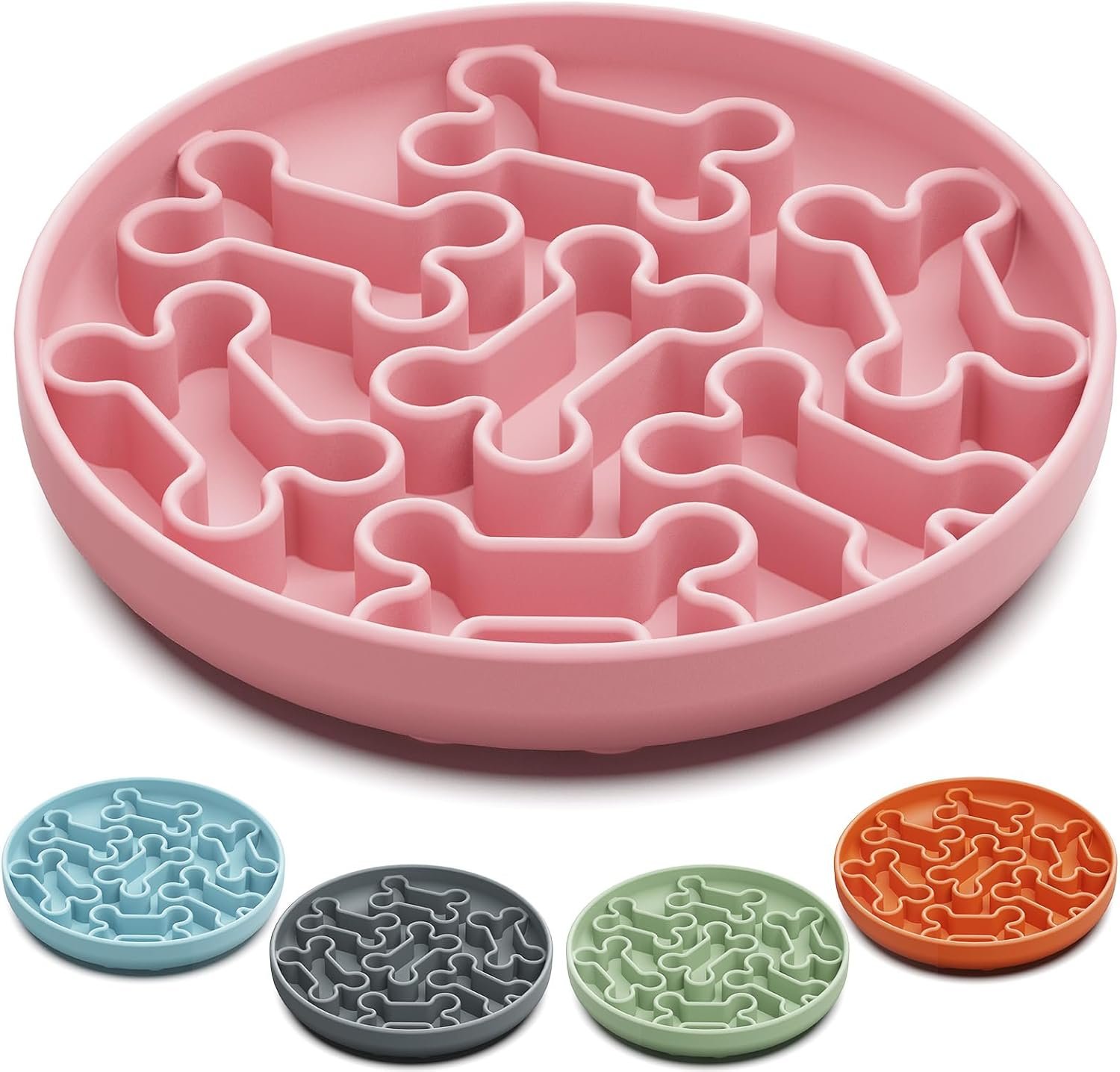 Silicone Slow Feeder Dog Bowl – Pink Bone Pattern | Food-Grade Non-Slip Dog Dish for Anti-Bloat, Fast Eating Prevention, 7.5” x 1.5”, Dishwasher Safe