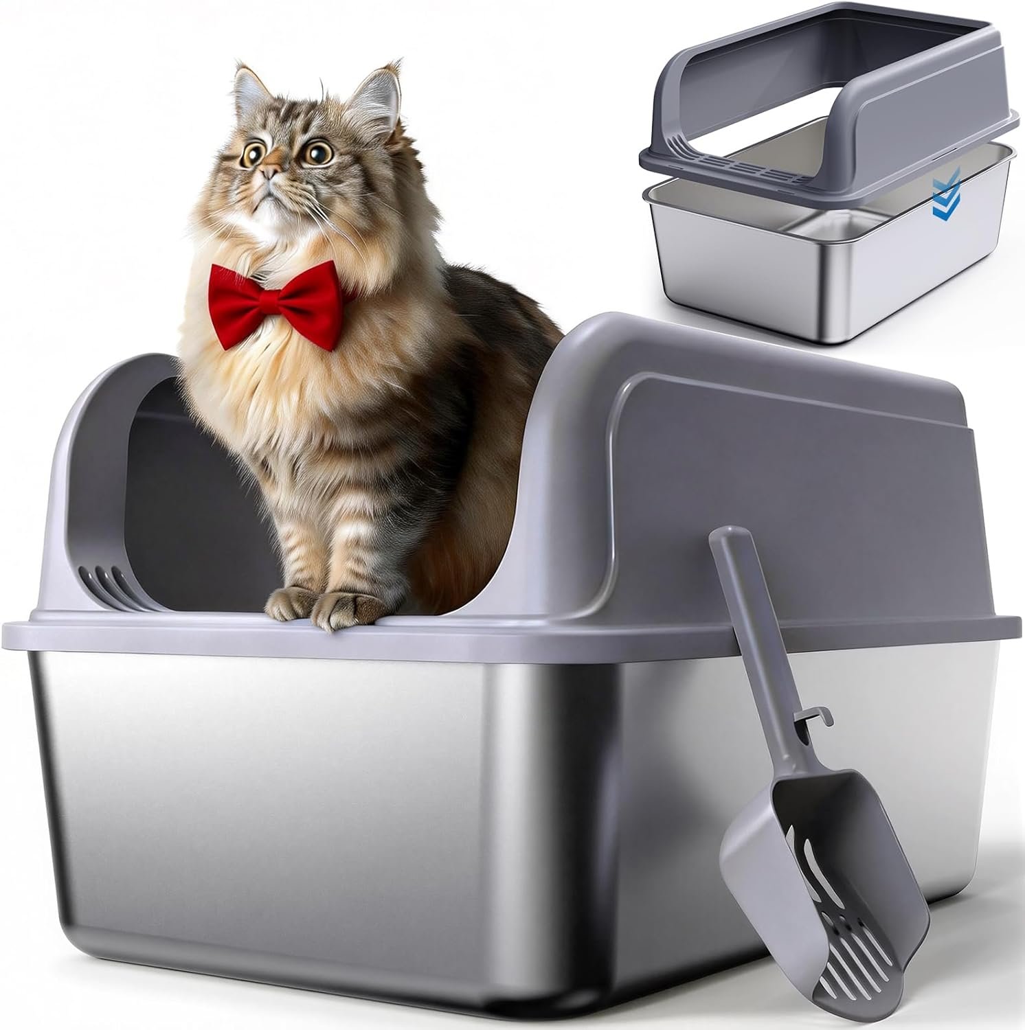 Powools Stainless Steel Cat Litter Box, High-Sided, Grey, M (1 Pack)