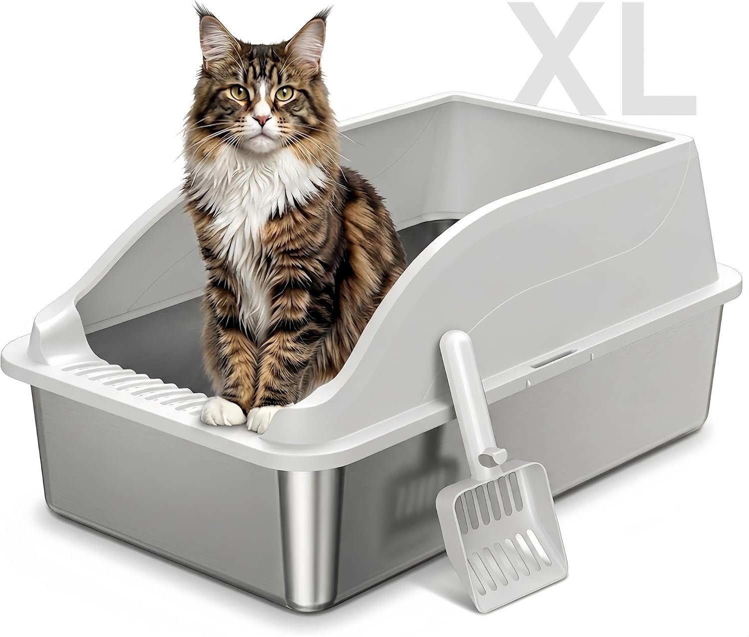 Stainless Steel Cat Litter Box, Extra Large XL Odor Free Metal Litter Box with High Sides Lid, Open Top Litter Pan Include Scoop Easy Cleaning Kitty Cat Box Anti-Urine Leakage, Non-Sticky