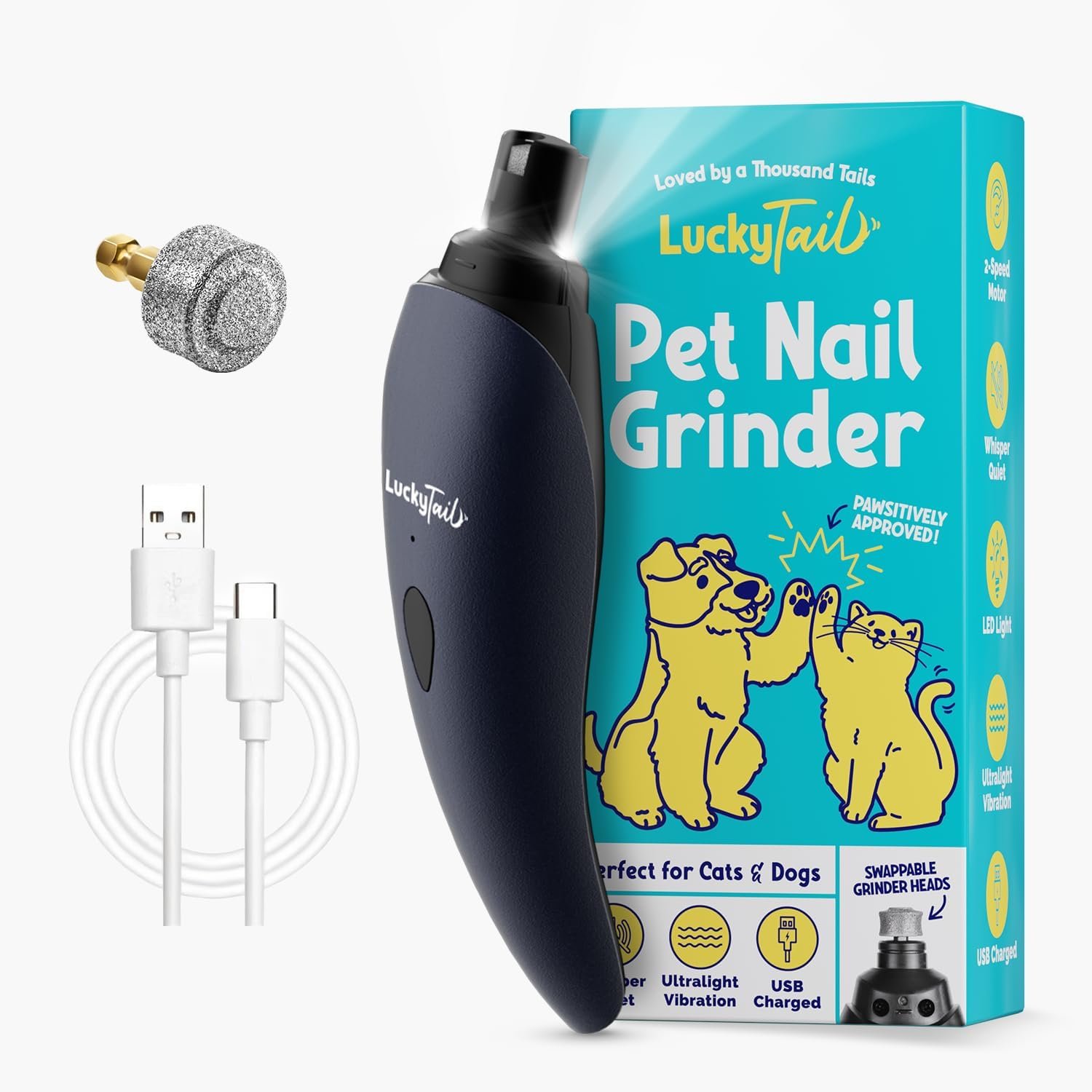 LuckyTail Dog Nail Grinder, Whisper-Quiet, Low-Vibration Trimmer with Light