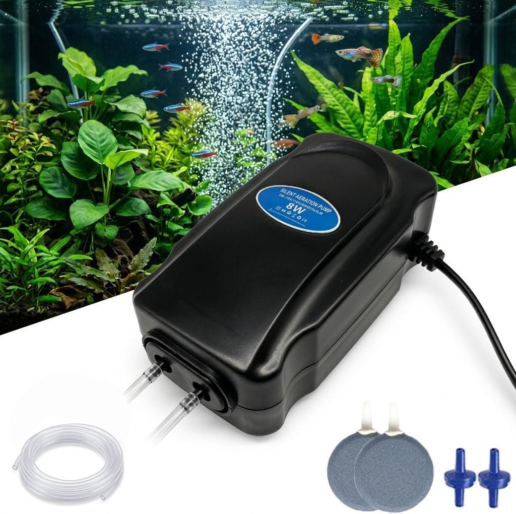 Aquarium Air Pump, Fish Tank Bubbler with Adjustable Airflow & Dual Outlets, Ultra Quiet Energy Saving Fish Tank Aerator with Air Stone Bubbler, Tubing, Check Valvefor Fish Tank, Hydroponic