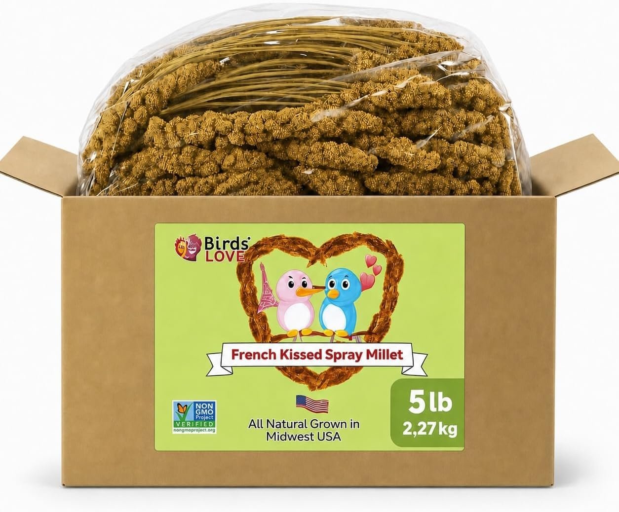 Birds LOVE 5lbs French Kissed Spray Millet for Birds – Non-GMO, Harvested & Packed in the USA – Natural Sun-Dried Millet with Stems for Parakeets, Cockatiels, Conures, Parrots & Budgies