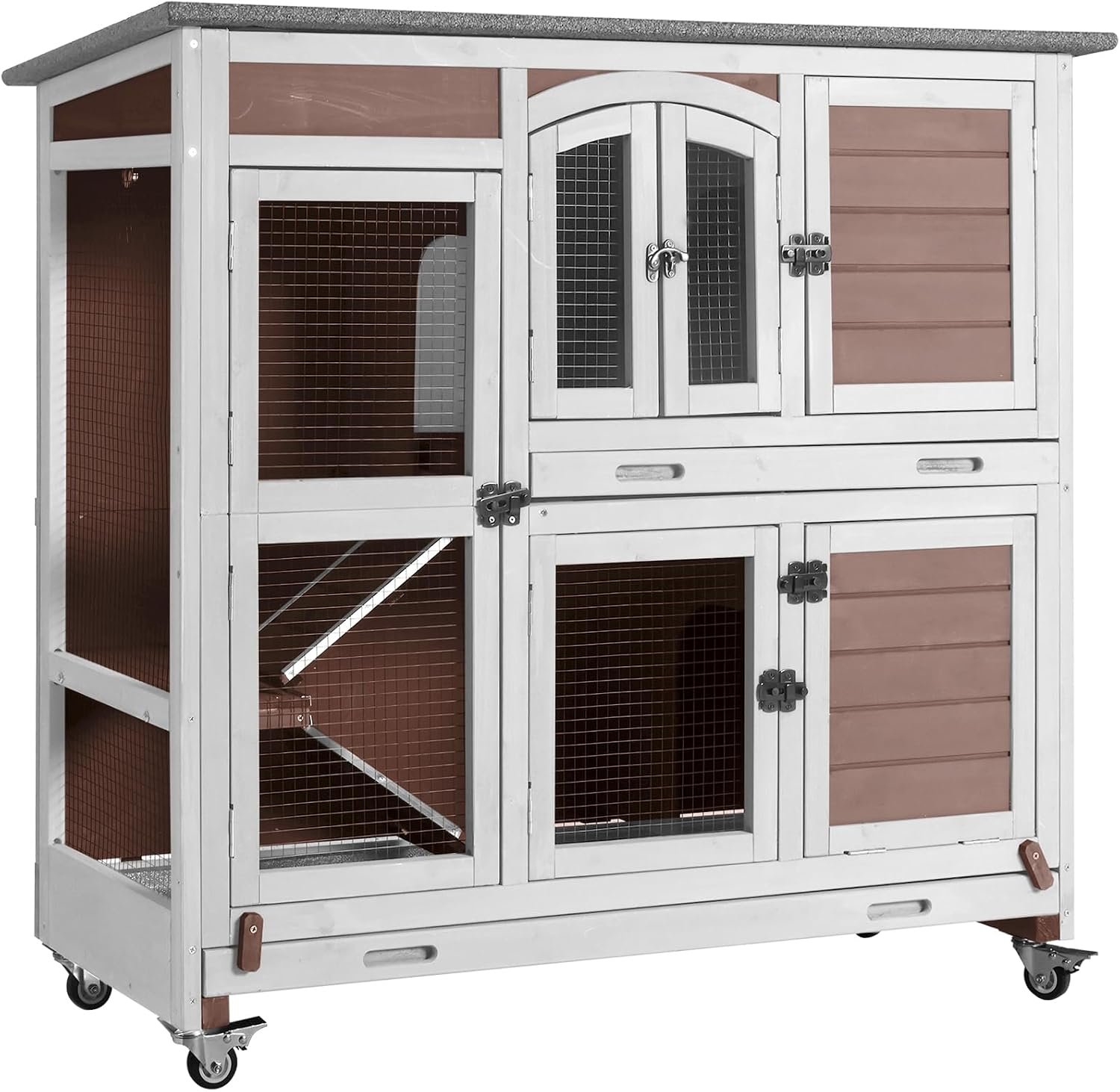 Aivituvin Rabbit Hutch Bunny Cage with Wheels Indoor Outdoor Two Story Guinea Pig Cage with 2 Deep No Leak Tray