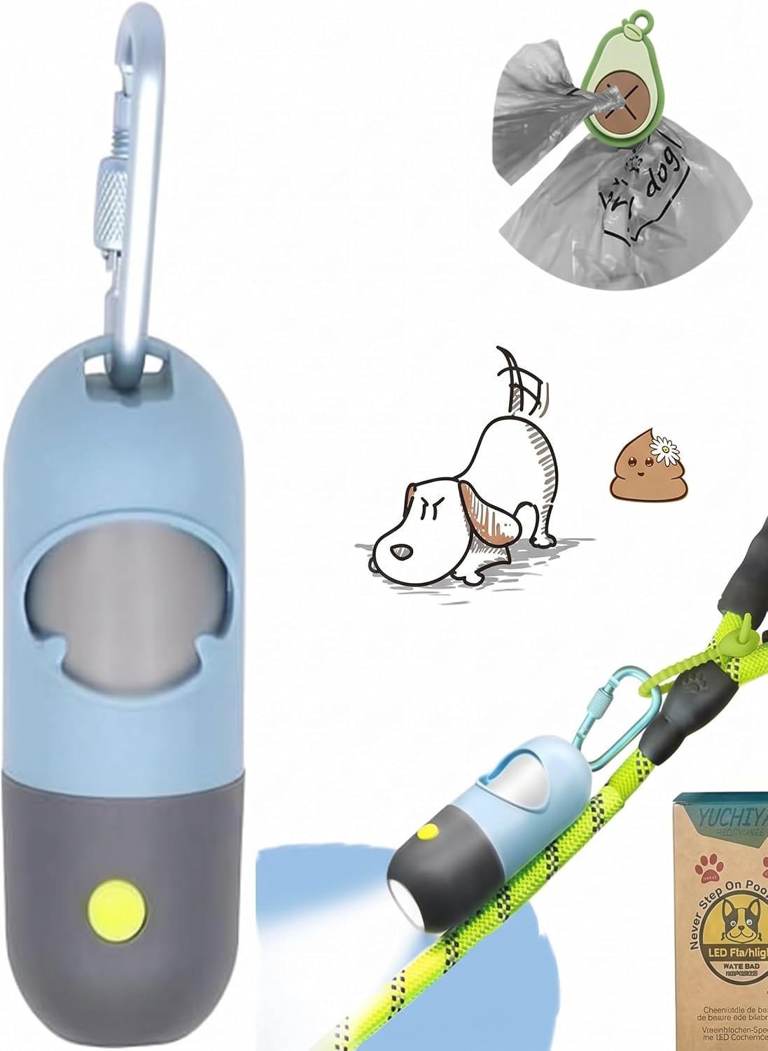 YUCHIYA Dog Poop Bag Holder Dispenser with LED Flashlight(Blue)