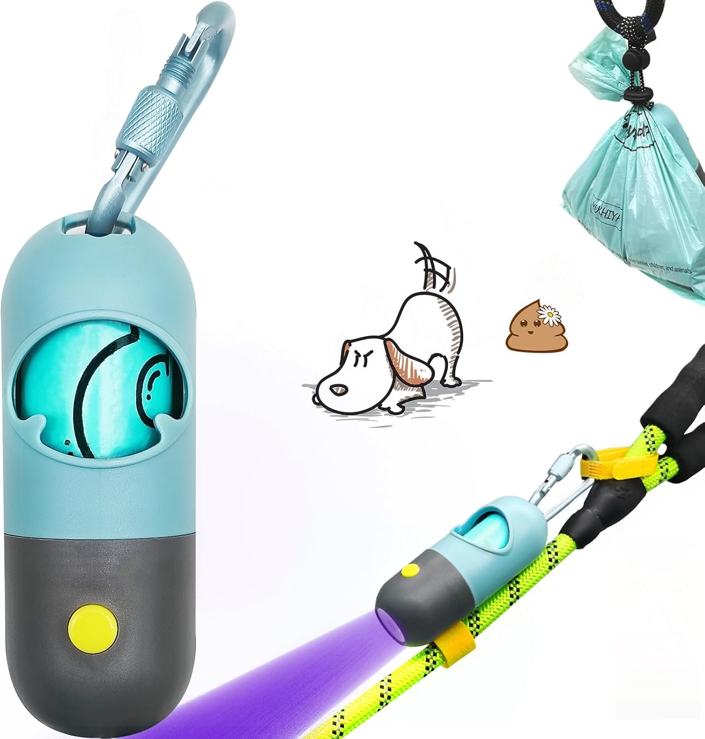YUCHIYA Dog Poop Bags Holder with UV Flashlight with 1 Roll of Leak-Proof Dog Waste Bags Black Light for for Pet Urine Detector with Built-in LR44 Batteries and Dog Walking Accessories (Crystal Blue)