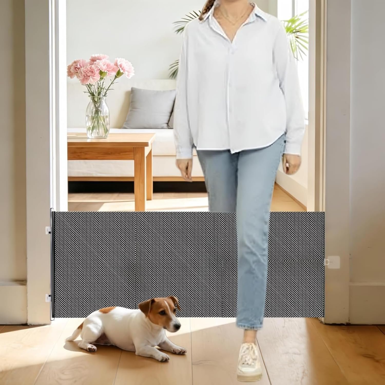 15 Inch Retractable Step‑Over Dog Gate, Adhesive Mount Pet Barrier for Doorway & Stair, Indoor Puppy Gate for Small Dogs