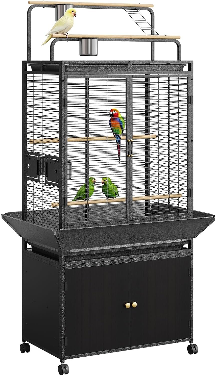 Garvee 71″ H Rolling Bird Cage,Large Rolling Birdcage with Top Stand & Storage Cabinet,Black Walnut Wood Parakeet Cage for Macaw Parrot Cockatiel Budgie