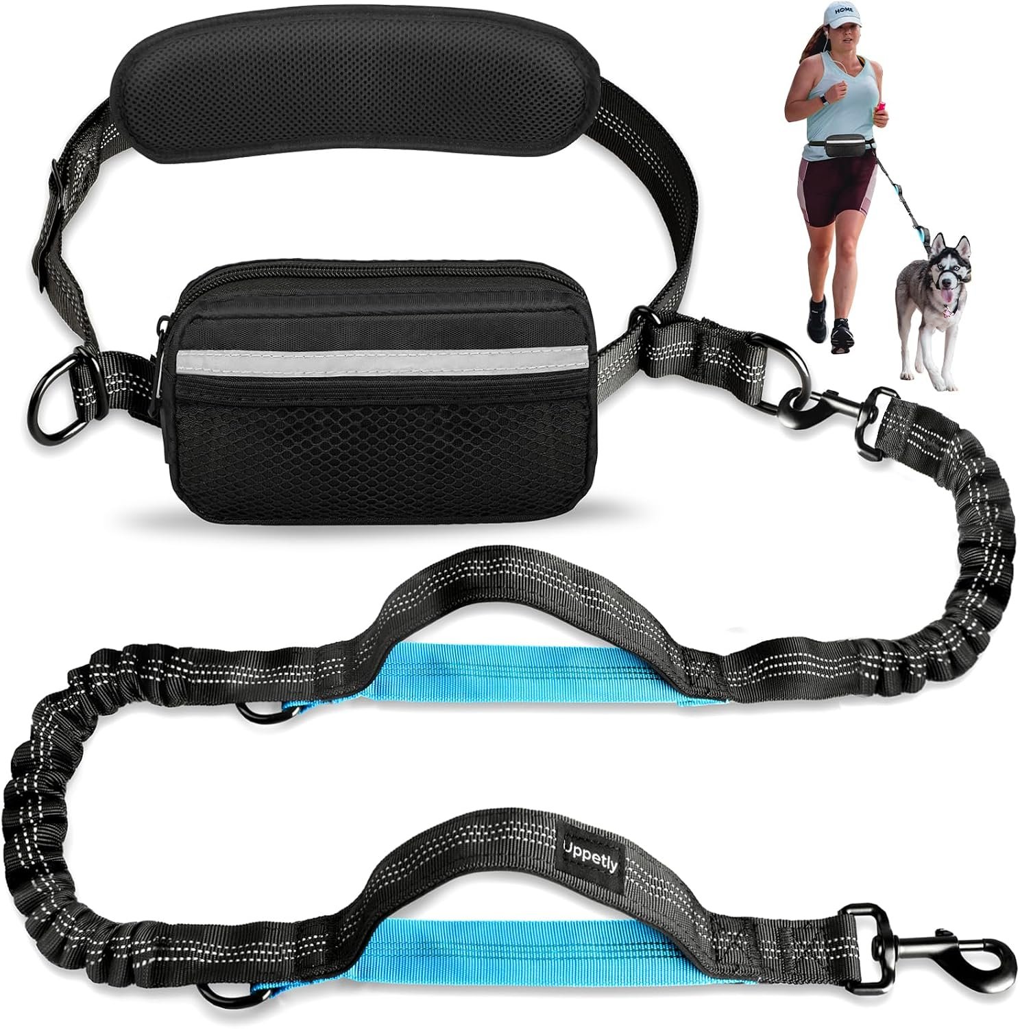 Uppetly Hands Free Dog Running Leash with Zipper Pouch, Dual Handle, Elastic Bungees Retractable Rope for Medium and Large Dogs, Waist Bag Pack Carry Phones for Walking Hiking Biking (Large, 25-120lb)