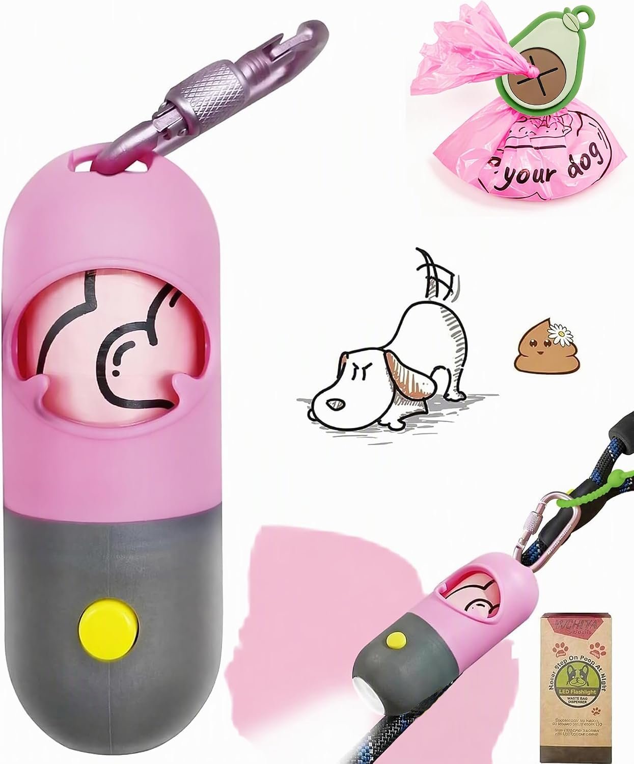 YUCHIYA Dog Poop Bag Holder Dispenser with LED Flashlight(Pink)
