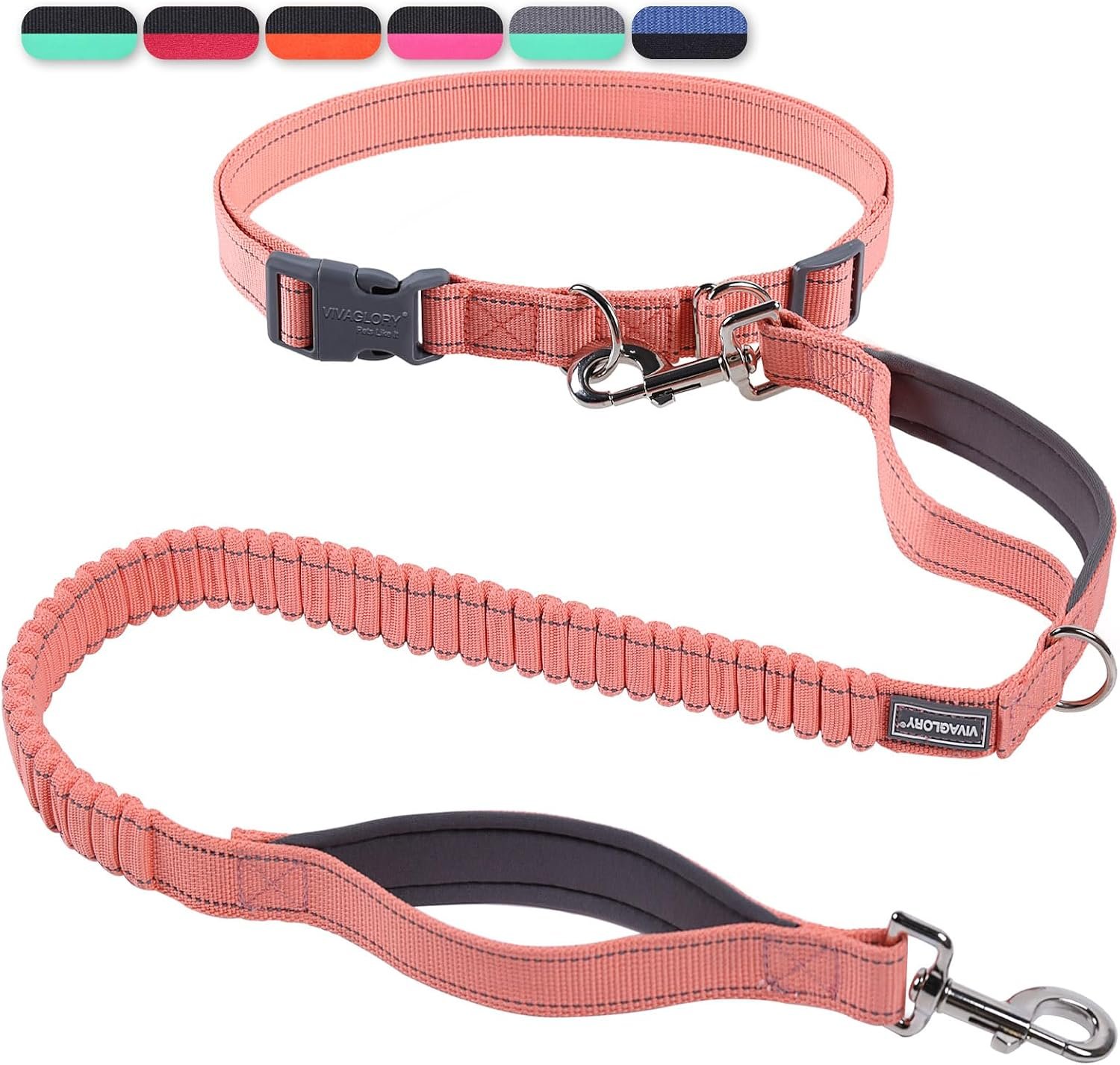 VIVAGLORY Hands Free Dog Leash Bungee Waist Leash for Dog, S, Pink/Grey1