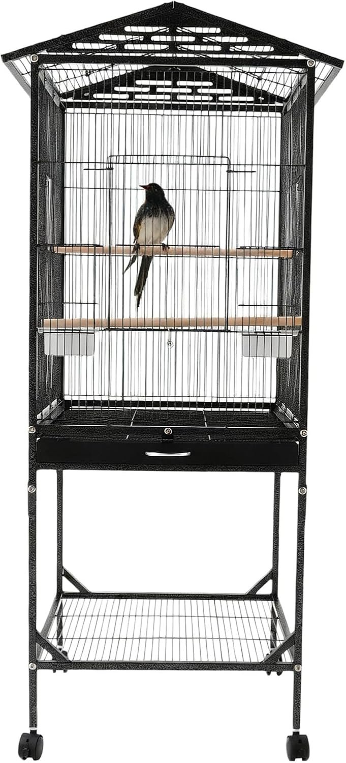 Bird Cage with Stand 54 Inch Birdcages with Pull-Out Tray, Rolling Bird Cage Stand with Wheels for Parakeets, Parrot, Cockatiel, Pigeon, Finch Cage for Birds(Black)