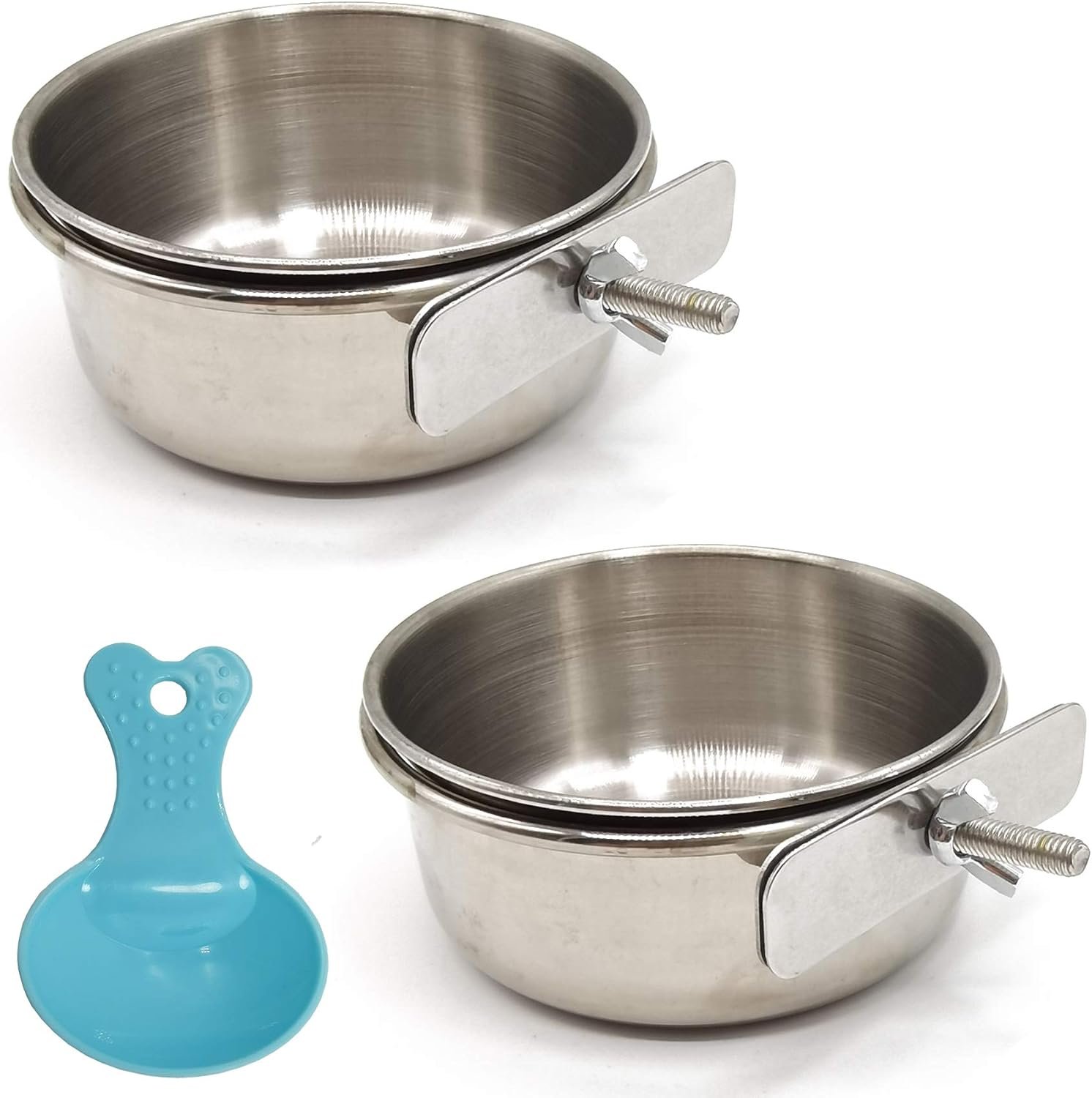 RONYOUNG 2PCS Bird Feeding Dish Cups with Spoon, Parrot Food Bowl Clamp Holder – Stainless Steel Coop Cup, Bird Cage Water Bowl for Parakeet African Greys Conure Cockatiels Lovebird Budgie Chinchilla
