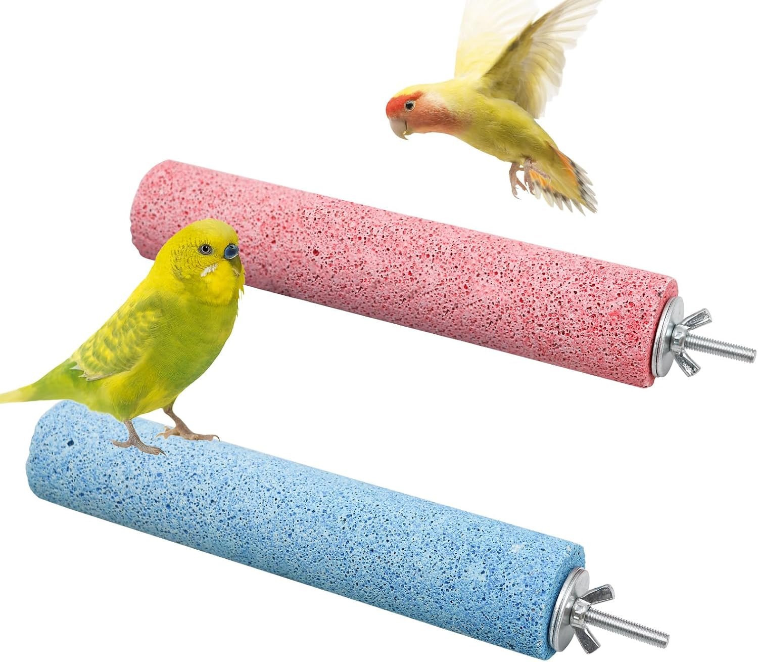 Dual-Textured Bird Perch, 2-Pack – Chewable Mineral Stone & Metal Rod Stand for Small/Medium Birds | Cage Mounted Perches for Beak Grinding, Claw Trimming (Blue & Pink)