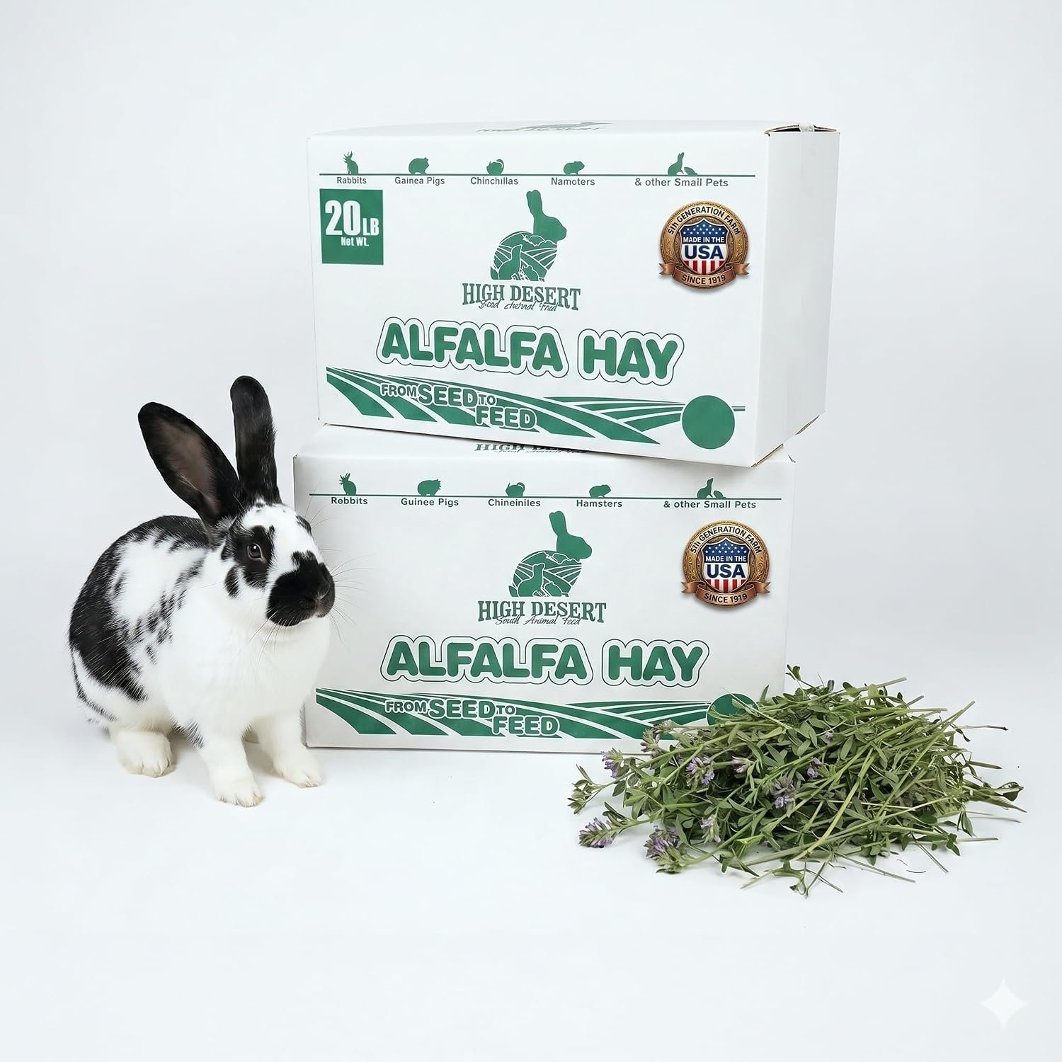 High Desert Alfalfa Hay, Protein Rich Soft Leaf Food for Young Growing Animals, Natural Rabbit Food and Guinea Pig Hay, Supports Digestive Health, Small Pet Supplies, Fresh Hand, Pack of 2, 10 Lb Box