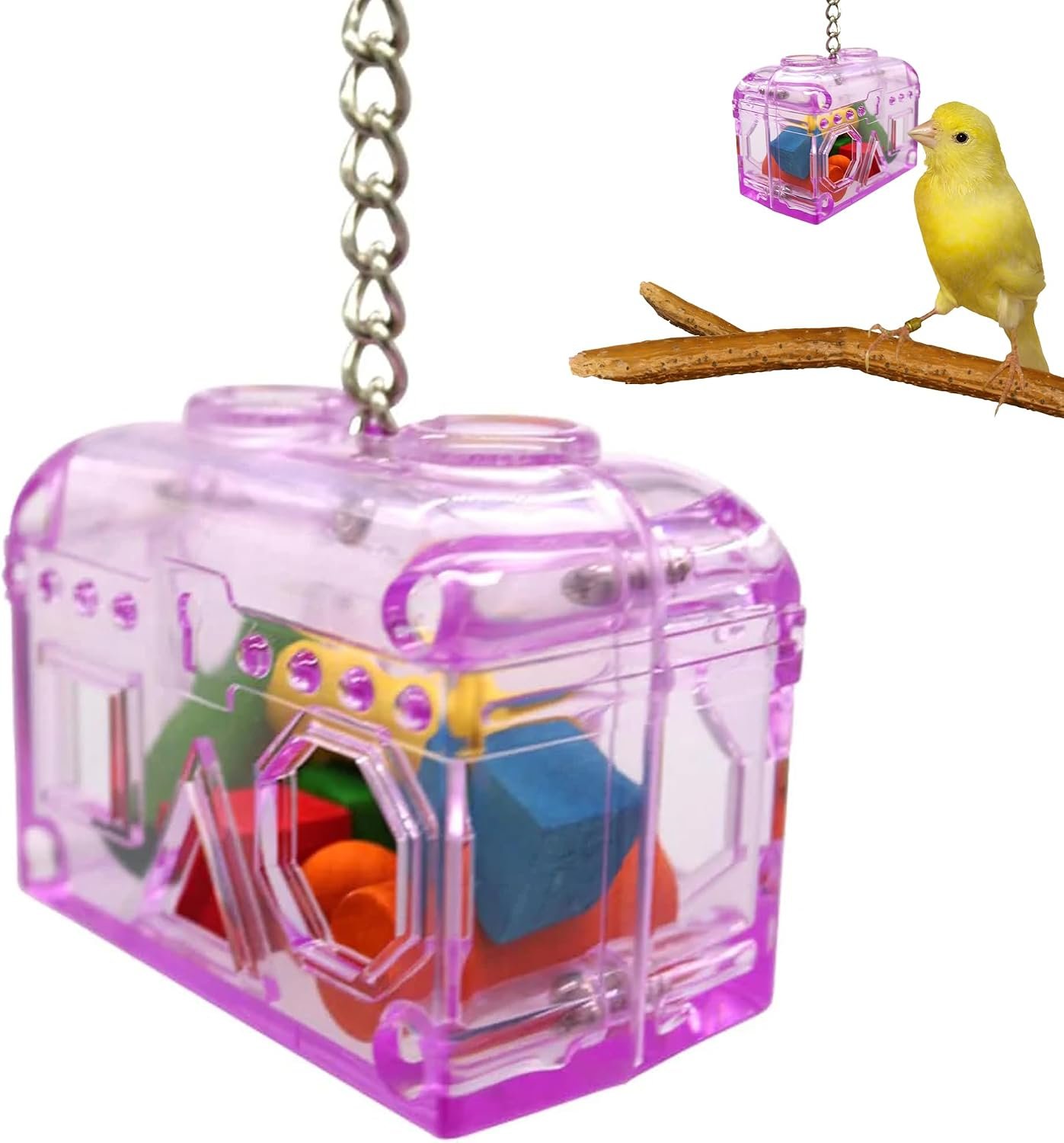 Treasure Chest Toy – Puzzle & Foraging Toys for Birds – Durable Plastic Bird Foraging Box w/ Colorful Wooden Shapes – Parrot Puzzle Toys – Small & Large Bird Toys for Cockatiels, Lovebirds & More