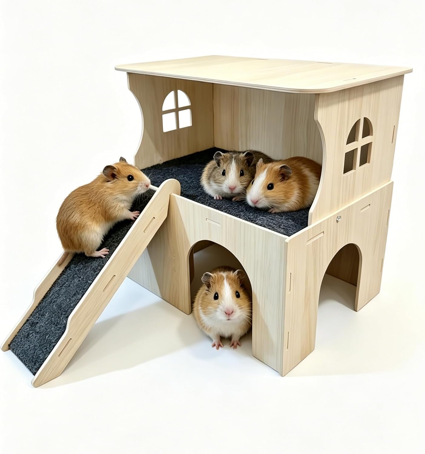 Large Wooden Guinea Pig Hideout Castle, 2-Story Guinea Pig House Bed & Hut with Stairs & Platform, Small Animal Habitat for Hamsters Rabbits Chinchillas, Easy Assembly