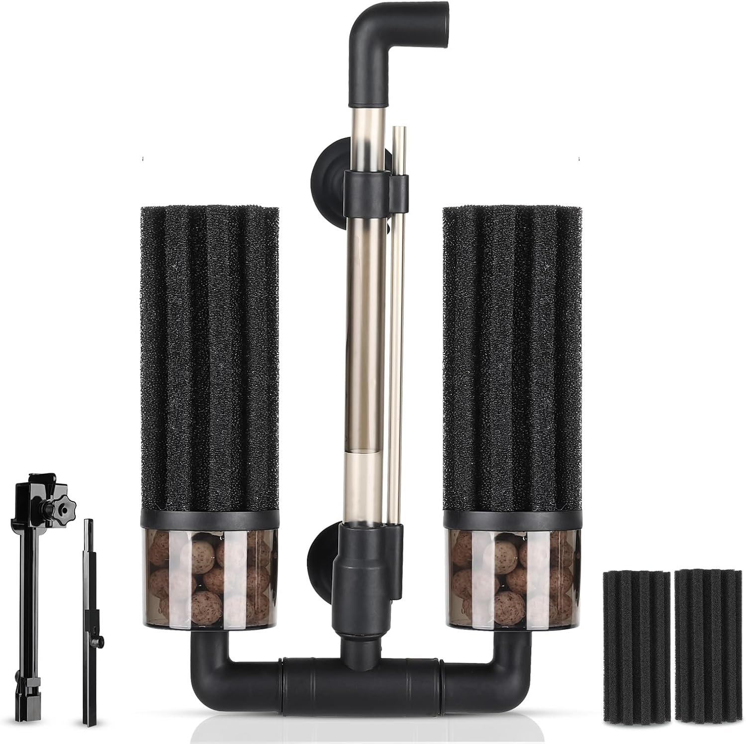 hygger Aquarium Double Sponge Filter: Upgraded Sponge Filter with Larger Filtration Area, Come with Extendable Clip, 2 Spare Biochemical Sponges, Bioceramic Balls, for Freshwater Saltwater Tank – S