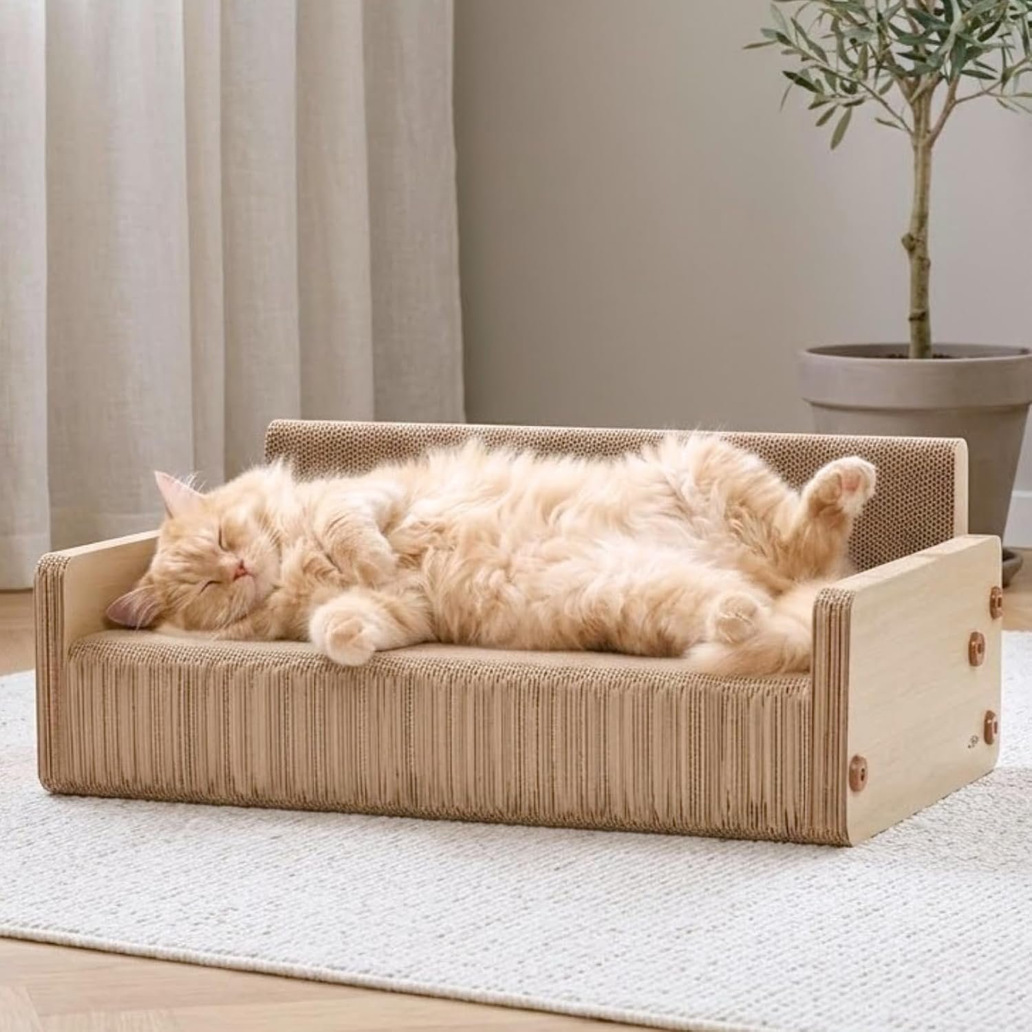 Cardboard Cat Scratcher Couch – Cat Scratching Sofa & Lounge Bed with Backrest, Horizontal Scratcher for Indoor Cats, Modern Wood-Finish Cat Scratch Chair, Easy Assembly