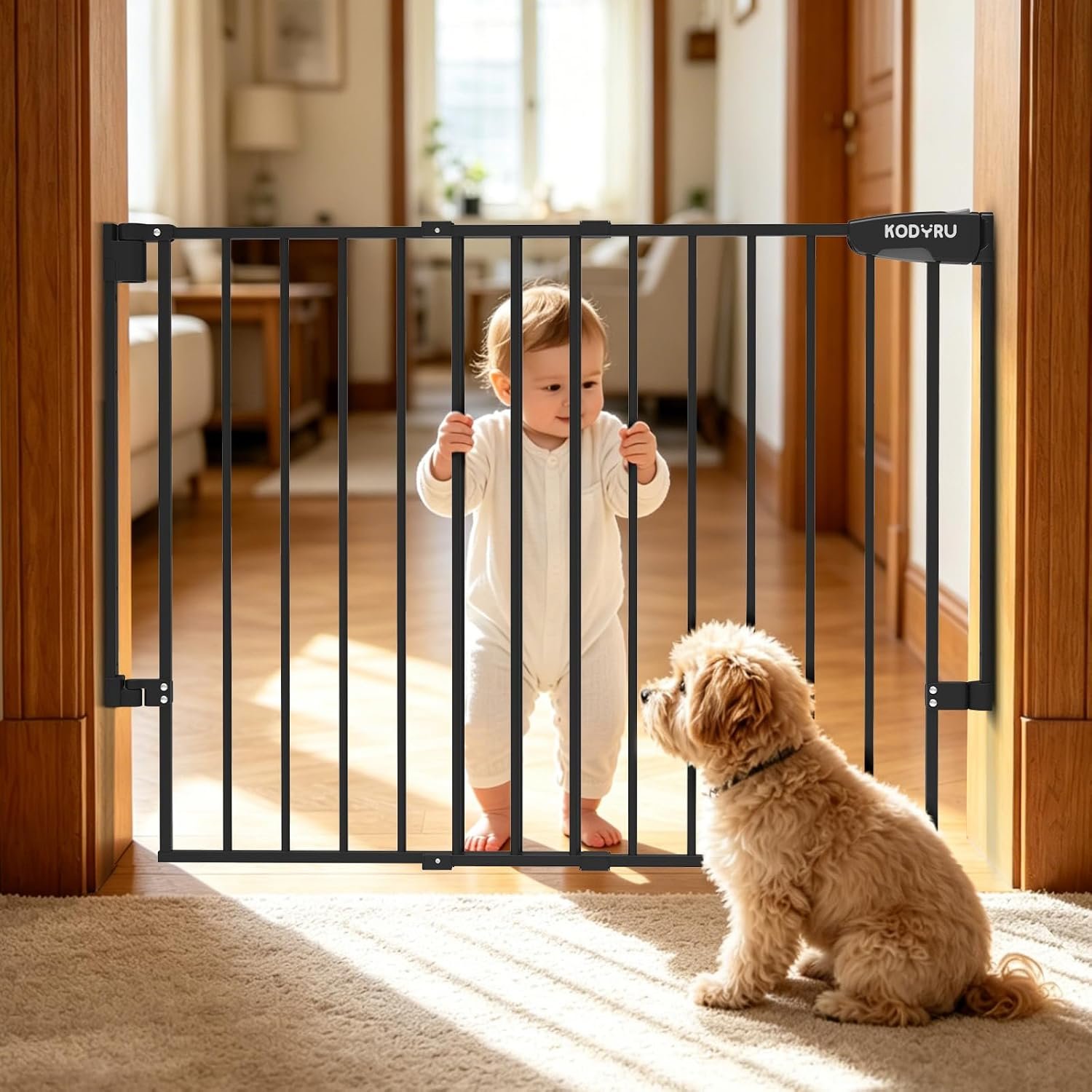 KDDYRU Baby Gate for Stairs, Kitchen & Doorways, 29-43″ W 28″ H No Bottom Bar – Hardware Mount Safety Dog/Pet Gate Indoor – One-Handed Auto-Close Walk-Thru Gate for Toddlers, Kids, Medium Dogs（Black）