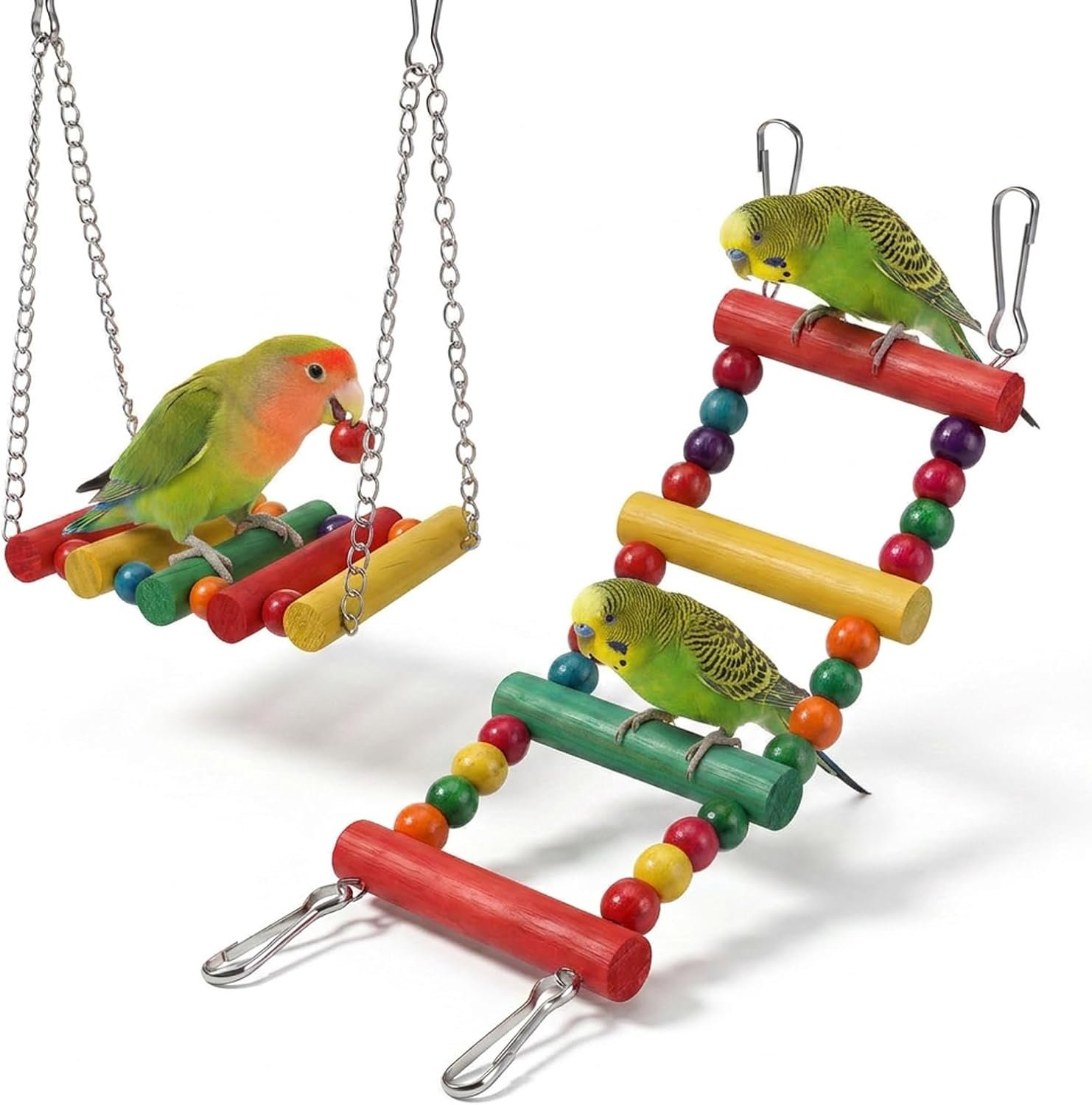 2 PCS Wooden Bird Ladder Bridge Swing Toy, Colorful Pet Toys Accessories