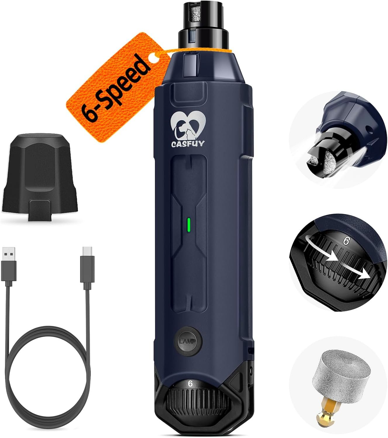 Casfuy 6-Speed Dog Nail Grinder – Newest Enhanced Pet Nail Grinder Super Quiet Rechargeable Electric Dog Nail Trimmer Painless Paws Grooming & Smoothing Tool for Large Medium Small Dogs (Blue)