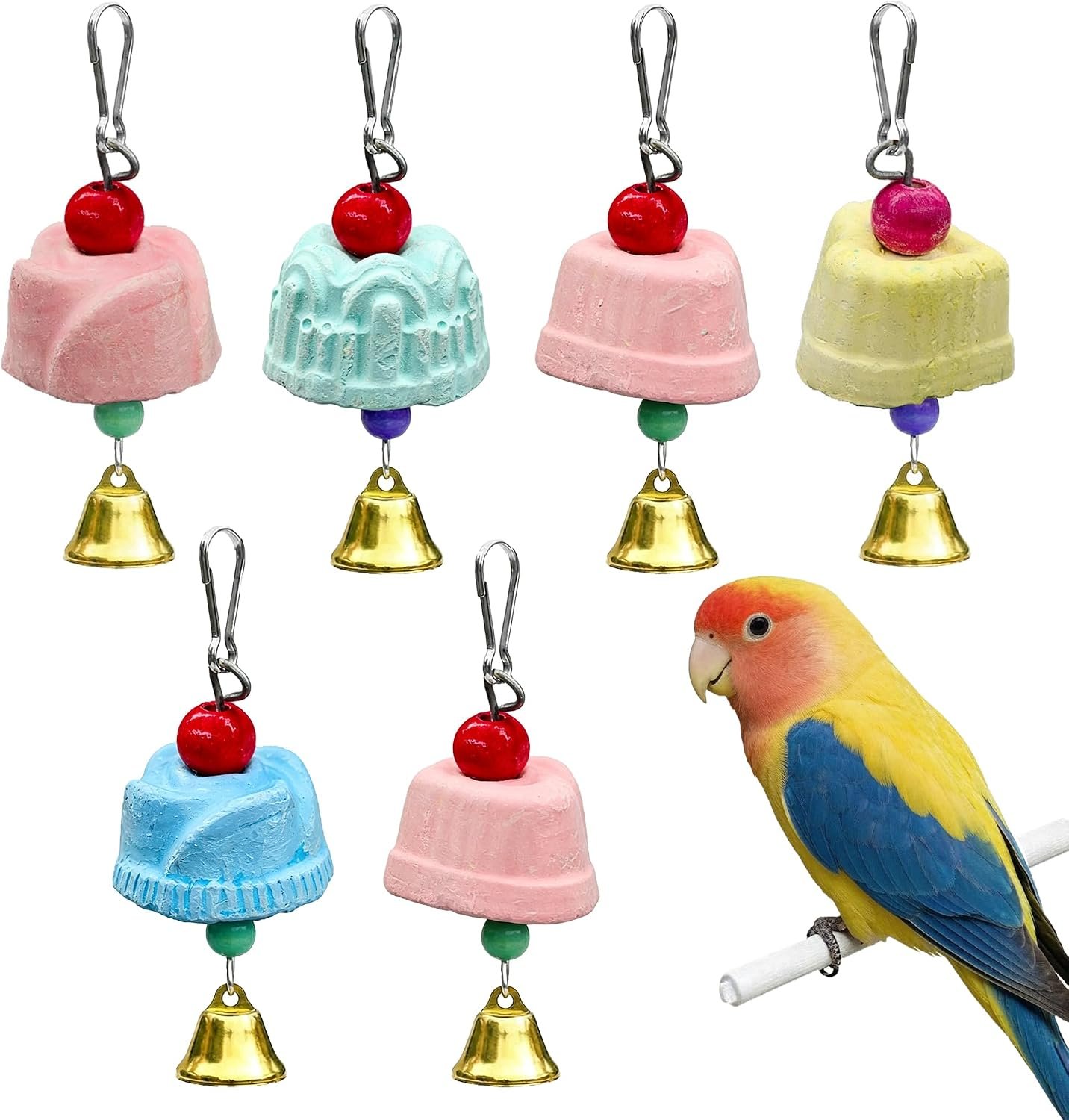 6PCS Bird Grinding Beak Calcium Stone with Bell Rat Mineral Lava Block Trimming Teeth Chewing Toys for Chinchilla Bunny Budgie Cockatiel Parakeet Parrot(Random Delivery of Color)