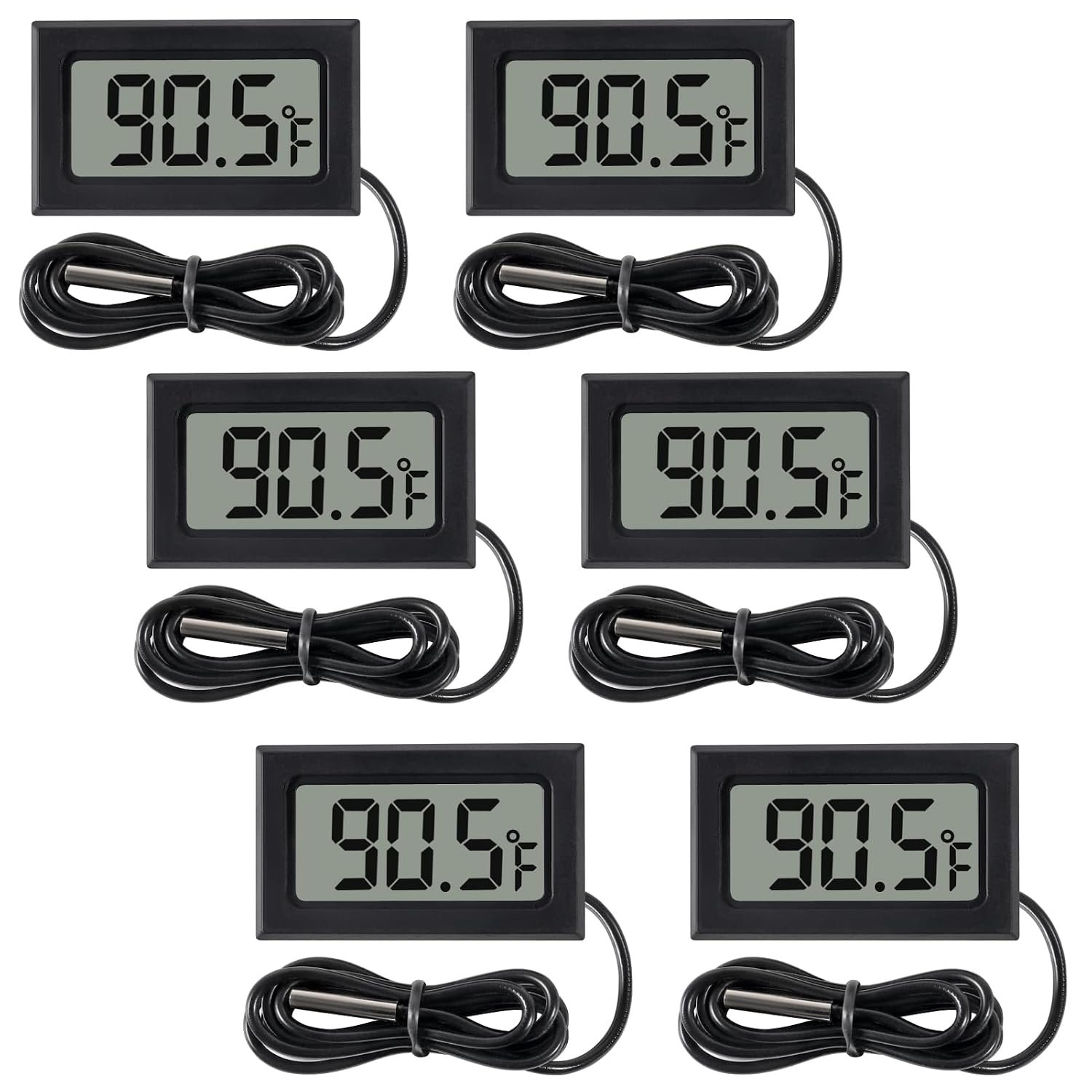 6 Pack Digital Thermometer Wired for Car Greenhouse Indicator Indoor Room Freezer Refrigerator Aquarium with 1M Waterproof NTC Probe Fahrenheit(℉)
