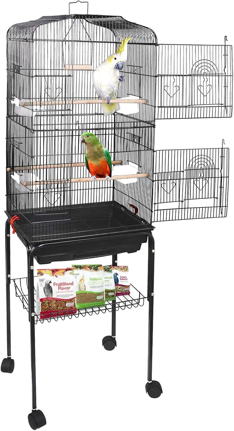 SUPER DEAL 63 Rolling Bird Cage Large Wrought Iron Cage for Cockatiel Sun Conure Parakeet Finch Budgie Lovebird Canary Medium Pet House with Rolling Stand & Storage Shelf