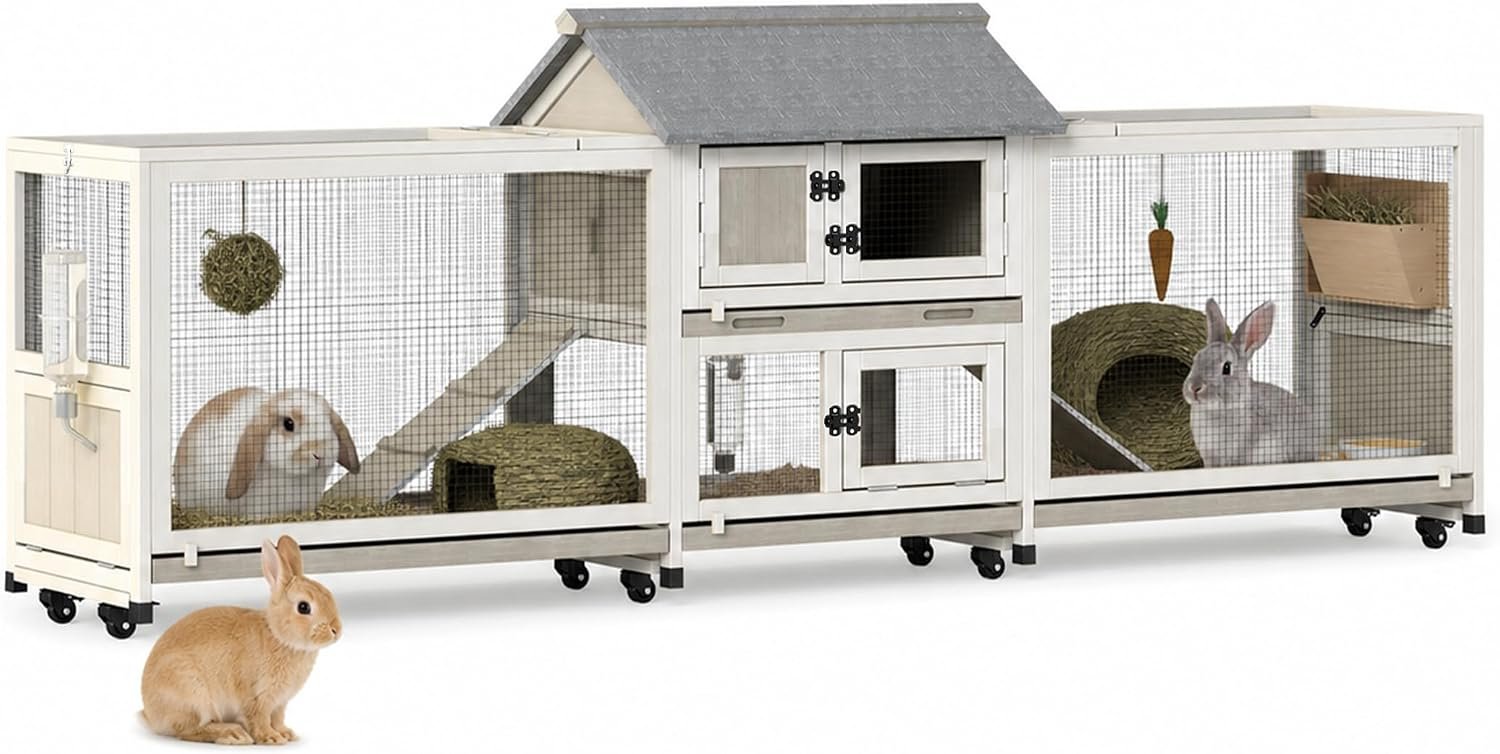 Gowoodhut Large Rabbit Hutch Outdoor Indoor Bunny Cage, 93″ Wooden 2-Story Rabbit Cage with Double Run, Asphalt Roof, 4 Pull-Out Trays, 8 Wheels, Ramp & Multiple Access Doors for Guinea Pigs