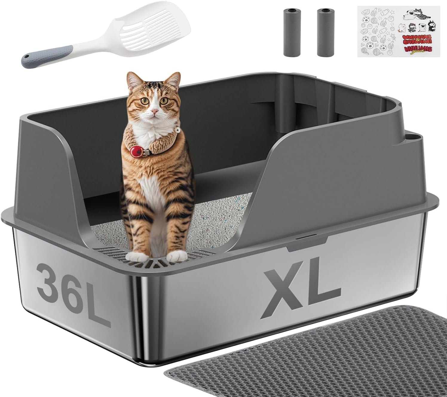 Non-Stick Stainless Steel Litter Box, XL Side Open Splash-Proof&Leak-Proof