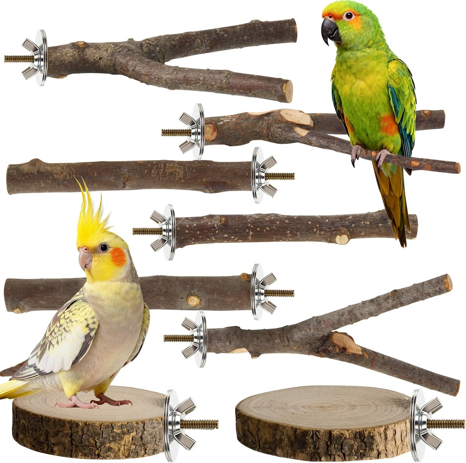 8 Pack Natural Wood Bird Perches for Cage, Wooden Parrot Perch