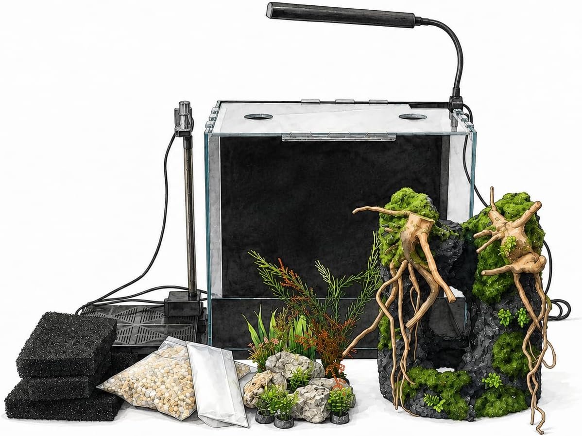 5.75 Gallon Rimless Glass Aquarium Kit with Moving Sand Waterfall Decor, LED Light & Silent Filter, Complete Desktop Fish Tank Starter Set with Jump-Proof Lid, Rocks & Sand