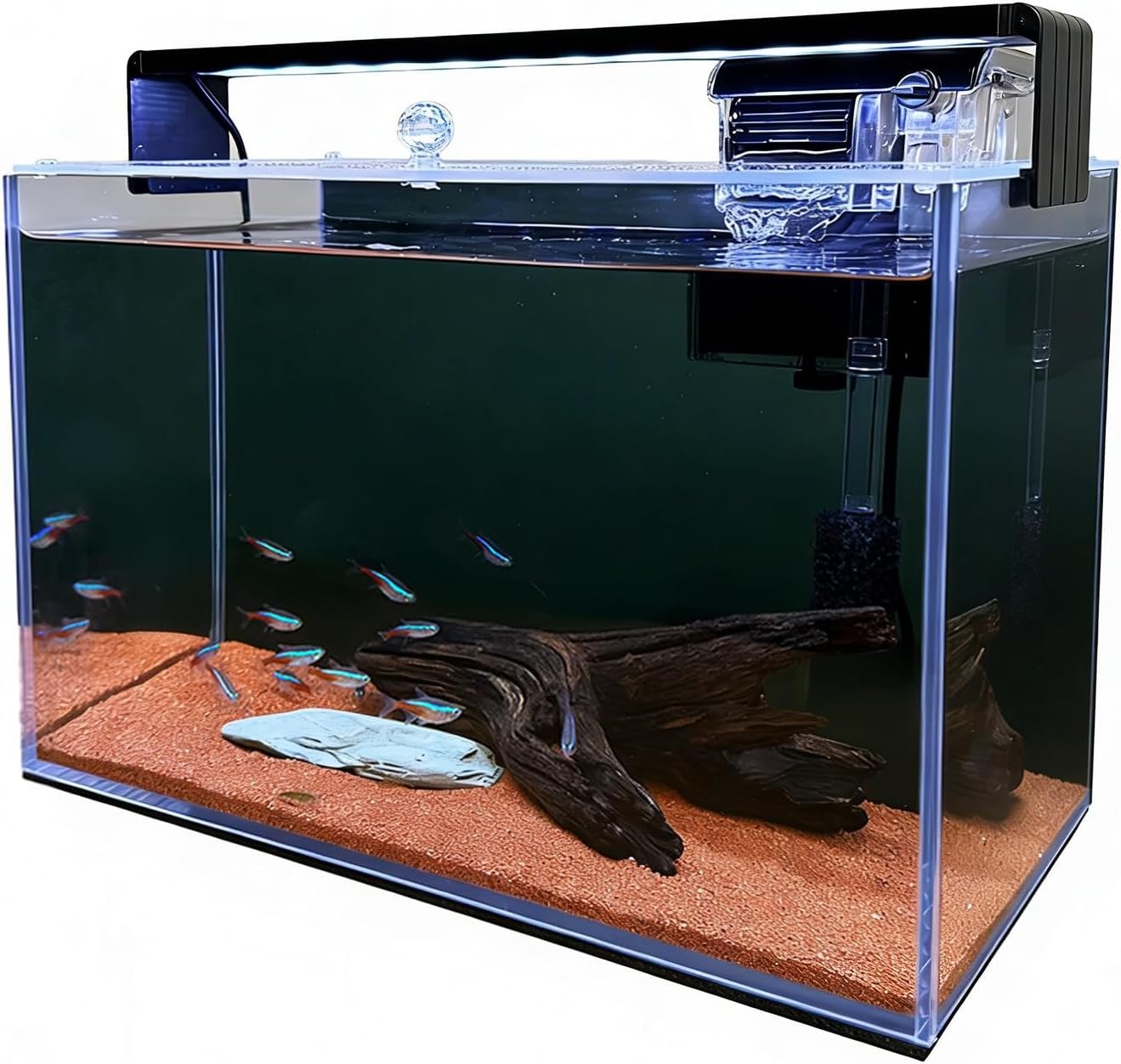3.2 Gallon Fish Tank, Nano Nature Aquarium Kit, Small Starter Kit, Ultra-Clear Rimless Desktop Small Aquarium with Filter,Light,Rainforest Sand, Rock for Betta, Shrimp, Goldfish. Black Glass