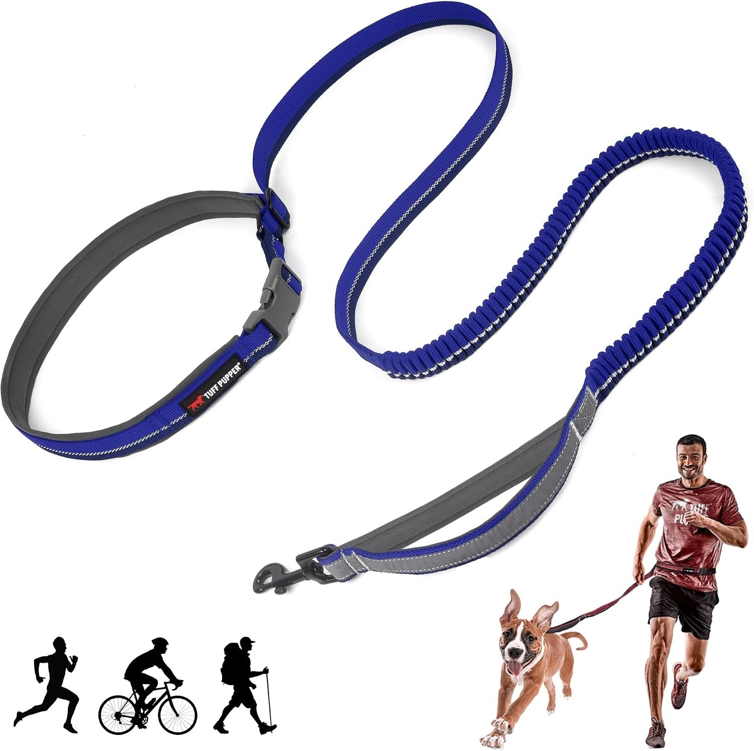 Tuff Pupper Hands Free Bungee Dog Leash | Lightweight for Running Jogging Walking | Adjustable Padded Waist Belt (24-50 inch) | Bungee Stretch 3 to 6 Feet | Strong Ballistic Nylon w/Reflective Strips