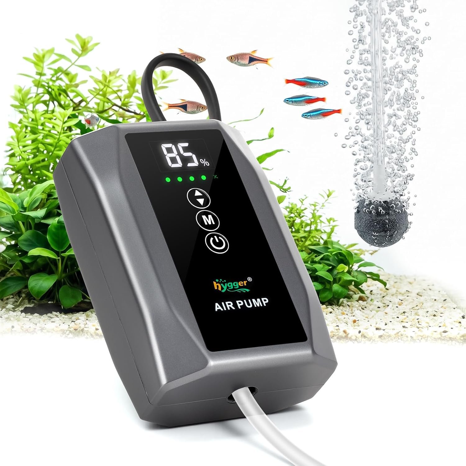 hygger Battery Powered Aquarium Air Pump with Digital Display, Quiet Fish Tank Aerator & Bubbler up to 60 Gal, USB Rechargeable Portable with Adjustable Flow for Fishing, Bait Bucket & Power Outage