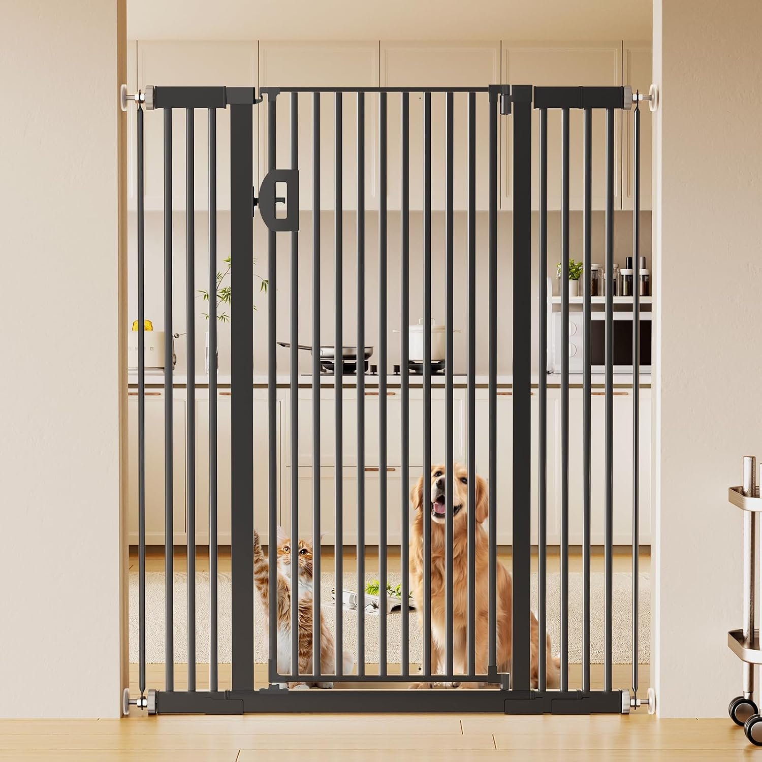 Fldofaves 57″ Extra Cat Gate, Fits 29.5″-43″ Wide Openings, Pressure Mounted Auto Close Tall Dog Gate with Ultra Narrow Bar Spacing, No Drill Dog Gate for Doorways, Stairs, Hallways
